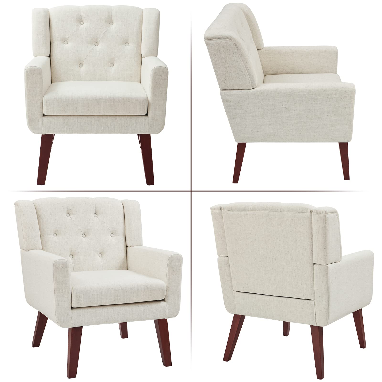 Living&Giving Accent Chair Button-Tufted Upholstered Living Room Chairs Comfy Reading Mid Century Modern with Linen Fabric Lounge Arm for Bedroom (Beige) 29.33D x 28.94W x 34.65H Inch