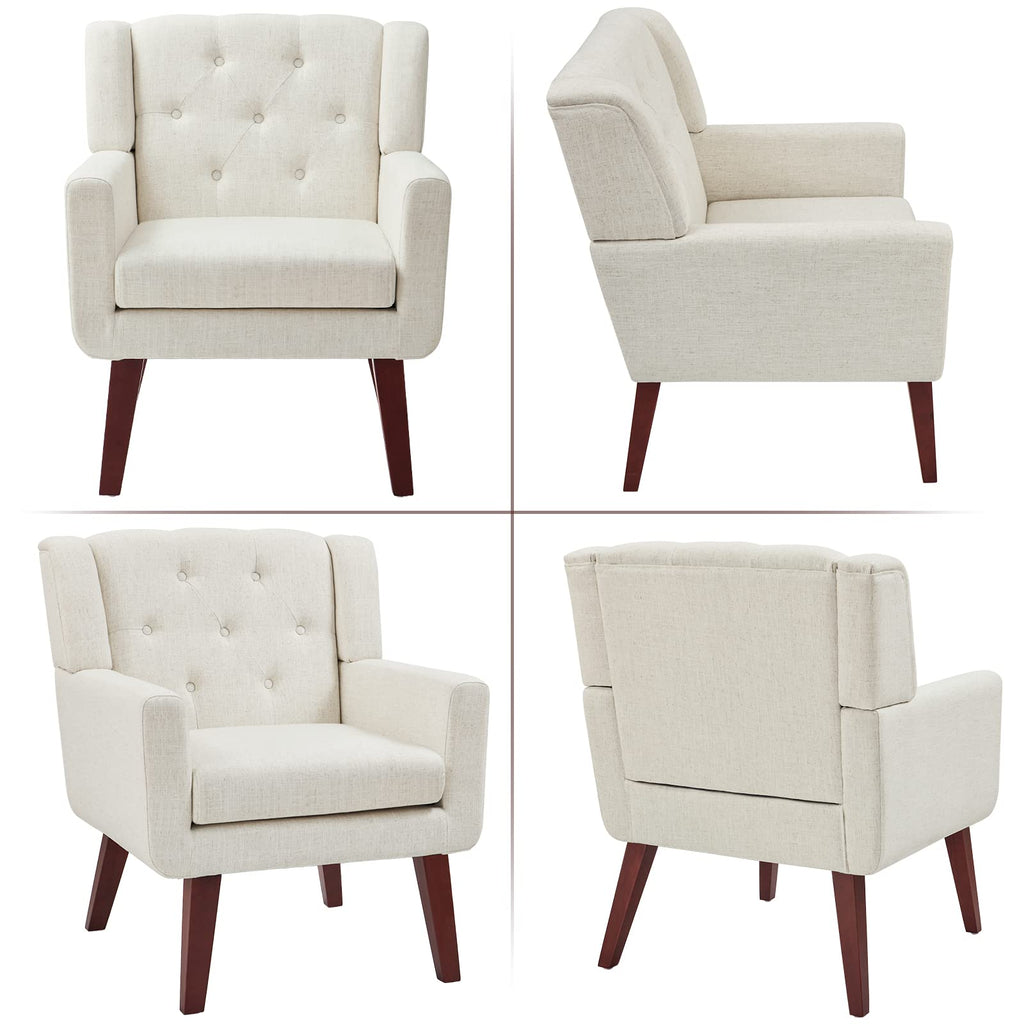Living&Giving Accent Chair Button-Tufted Upholstered Living Room Chairs Comfy Reading Mid Century Modern with Linen Fabric Lounge Arm for Bedroom (Beige) 29.33D x 28.94W x 34.65H Inch