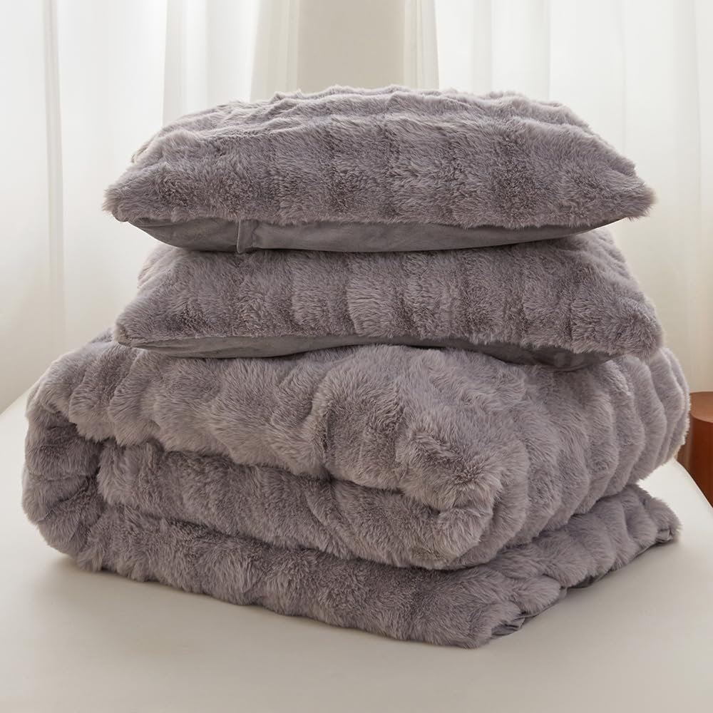 Faux Fur Kids Girls Purple Rainbow Comforter Sets Twin/Full - 3PC Bed Set Warm Comfortable Soft Plush Flannel Velvet Fluffy Fuzzy Bedding（Comforter x 1 Pillowcases x 2）