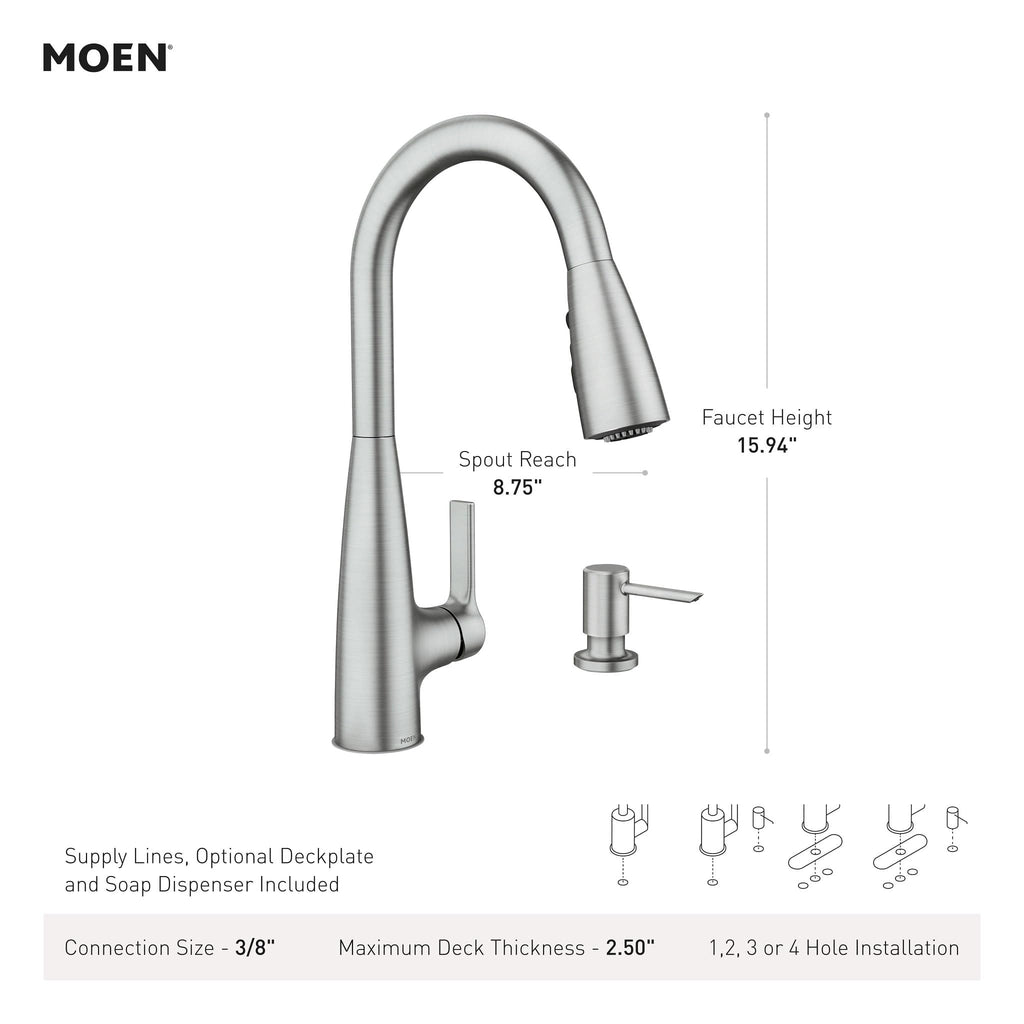 Moen Haelyn Pulldown Kitchen Faucet with Power Boost, 87627 | Pulldown sprayer, Power Boost technology, Soap dispenser included, Chrome finish, High arc faucet