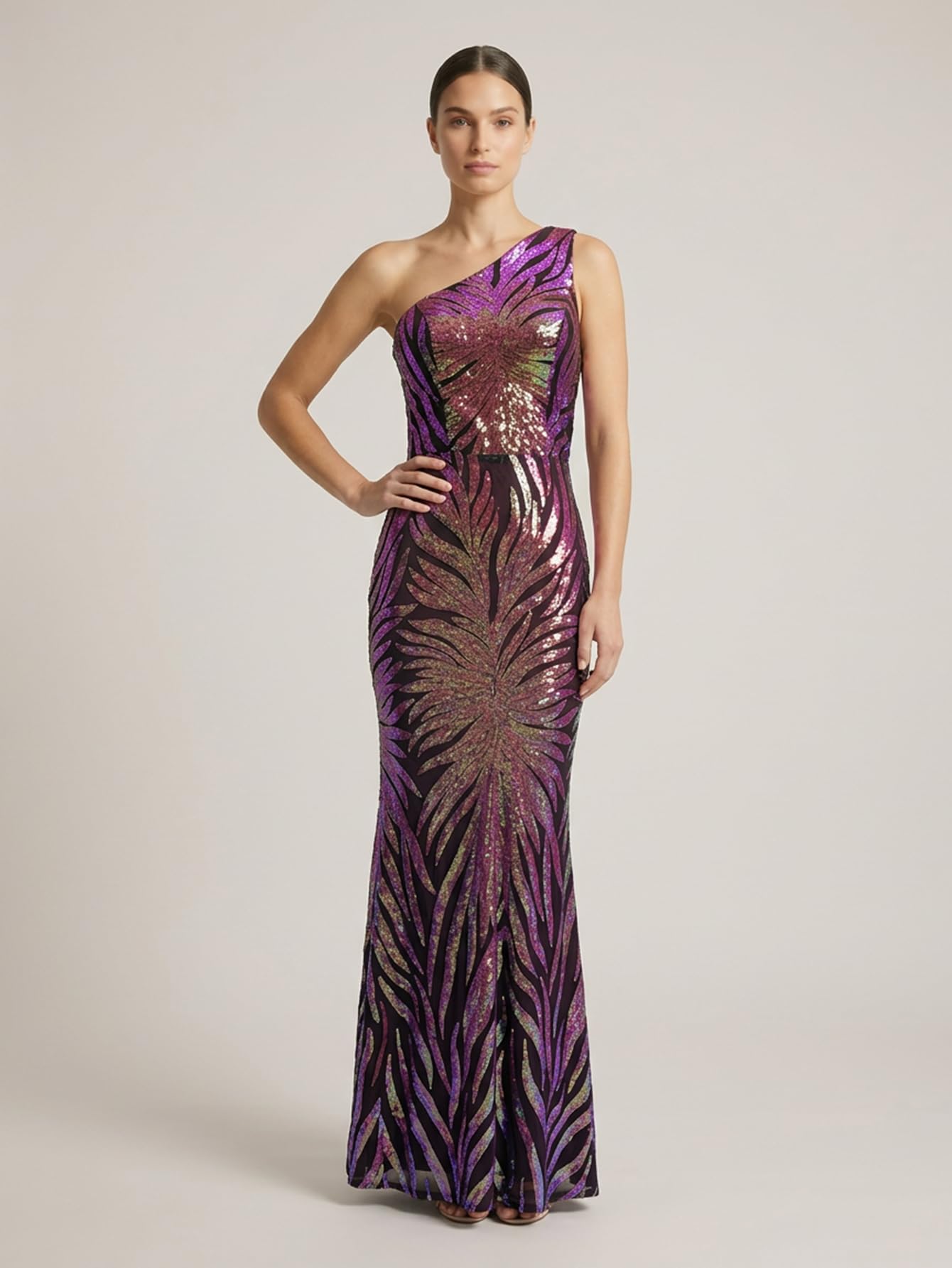 Giffniseti Women's One Shoulder Holographic Sequin Dresses Evening Gown Formal Prom Maxi Dress