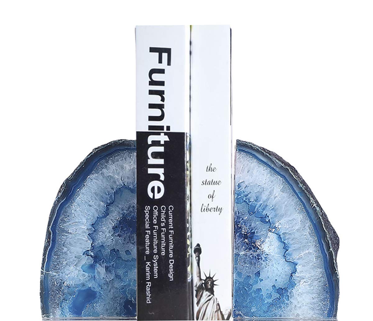 JIC Gem Black Agate Geode Bookends 2-3 Lbs Anti-Slip Rubber Pads Heavy Duty | 1Pair Natural Black Agate Crystal Decor for Shelves & Desk, Unique Small Stone Book Holder Gift for Office & Home Decoration