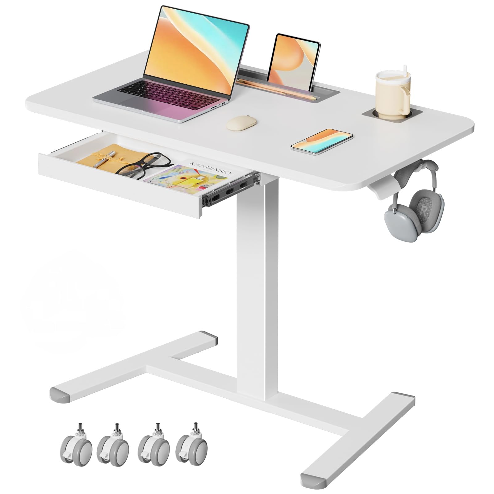 Small Mobile Standing Desk with Drawer, 23.6"x19.7" Rolling Laptop Cart on Wheels, Height Adjustable Sit Stand Computer Workstation with Storage for Compact Space, Black