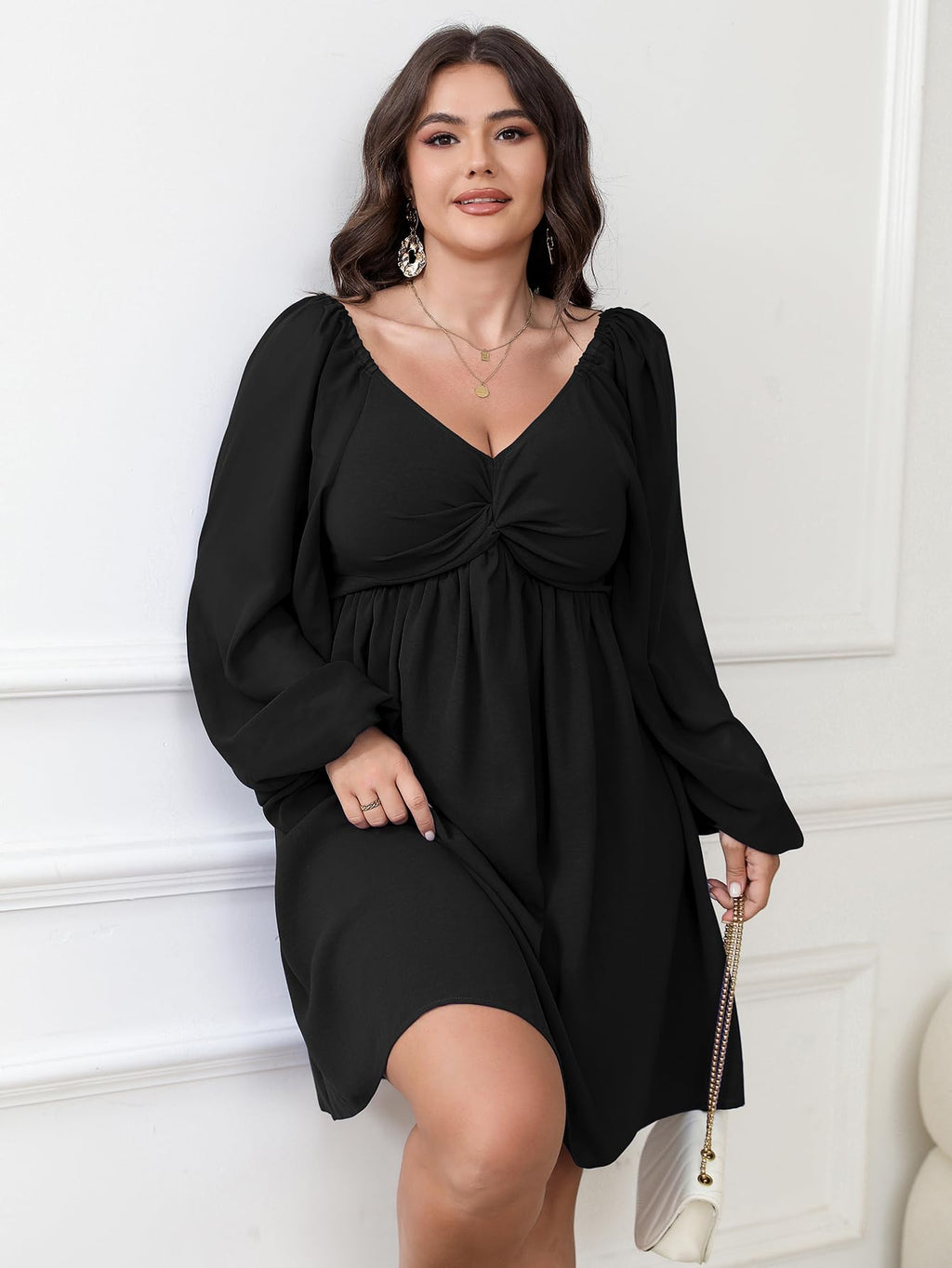 SCOMCHIC Women's Plus Size Puff Long Sleeve Dresses Sweetheart Neckline A Line Short Wedding Guest Cocktail Dress