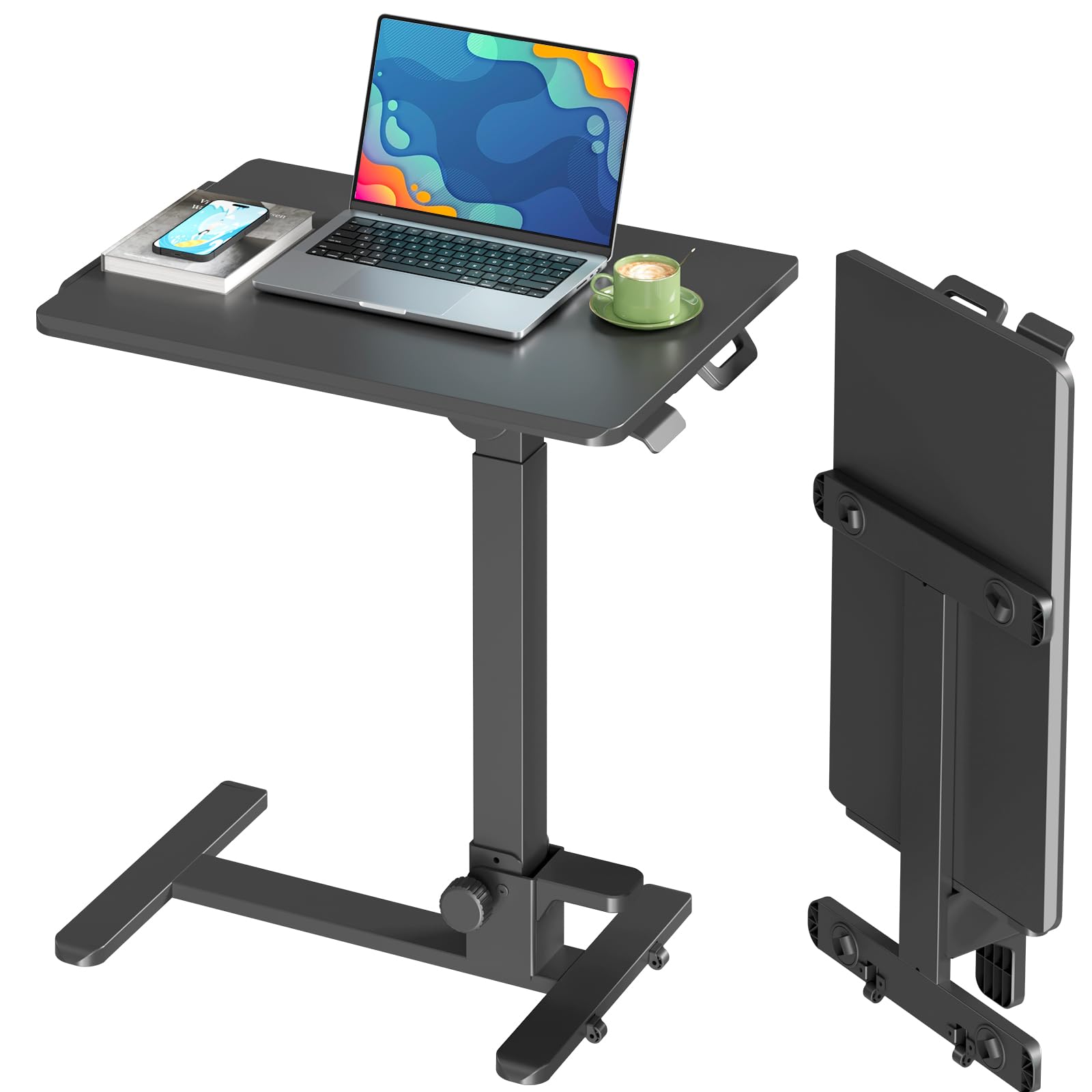 Foldable Mobile Standing Desk, 27 Inch Small Rolling Laptop Cart Height Adjustment, 90° Tiltable Sofaside Table, No Assembly Needed Portable Computer Workstation, Black