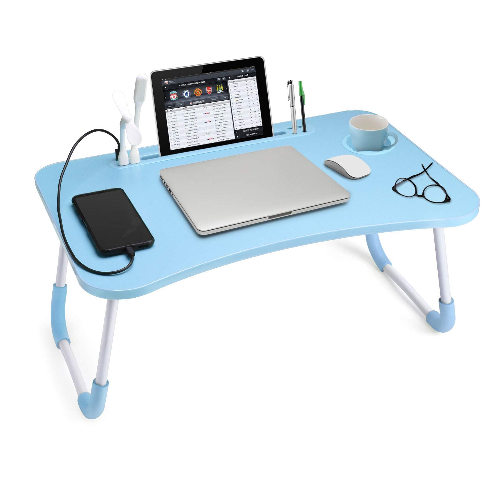 Slendor Lap Desk with Cup Holder, Foldable Laptop Table for Bed, Portable Bed Desk for Laptop and Writing, Computer Tray with Tablet Slot, Notebook Stand Reading Holder for Couch Sofa Floor,Black