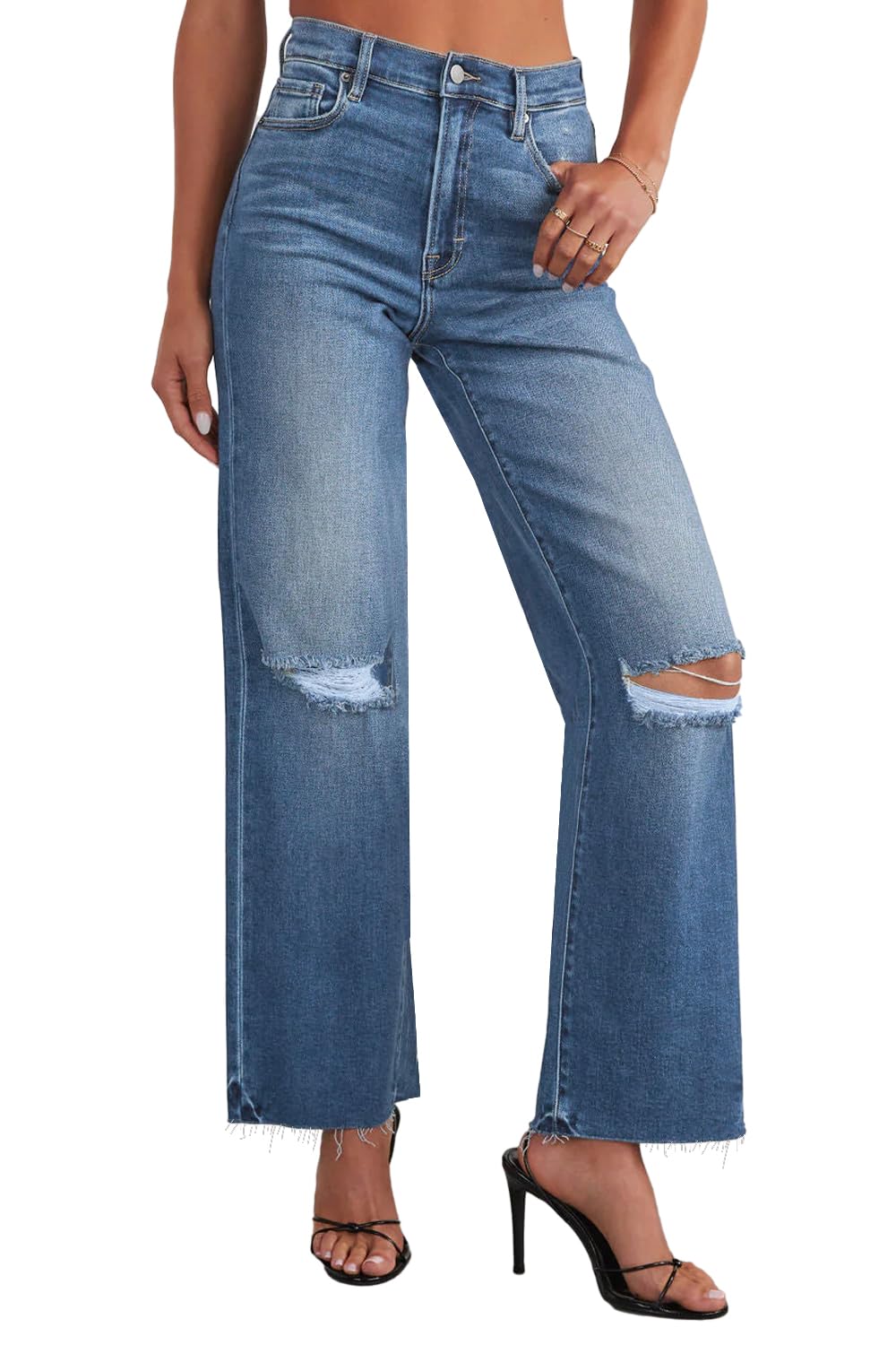 Allimy Women's High Waisted Straight Ankle Wide Leg Ripped Jeans Frayed Hem Stretchy Capri Denim Pants