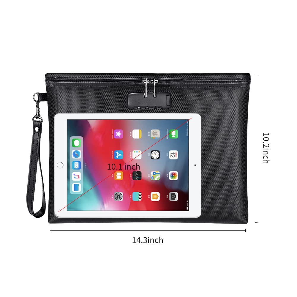 Fireproof Money Bag with Lock, 11.2"x7.6" Fireproof Cash Bag with Zipper Closure, Storage Pouch for A5 Size Document, Cheque, Cash, Cell Phone, Tablet, Credit Card, Passport, Jewelry (Black)