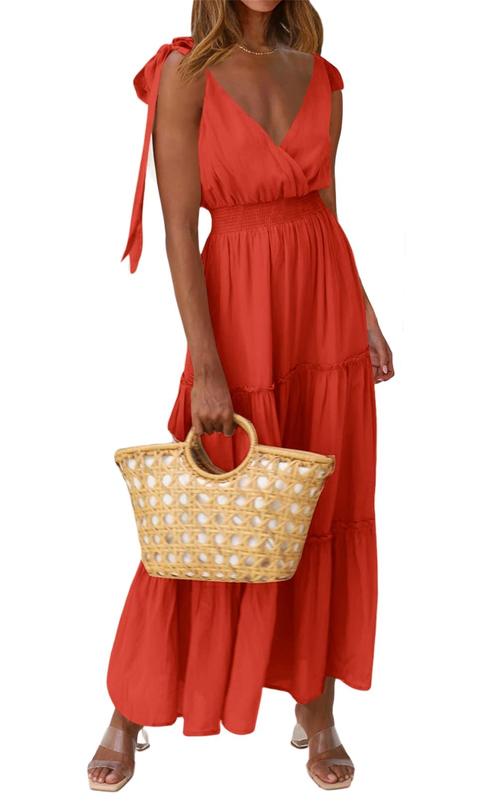 PRETTYGARDEN Women's Cross Neck Summer Sleeveless Tiered Maxi Dress Beach Tie Strap Smocked Long Dresses Pleated Sundress
