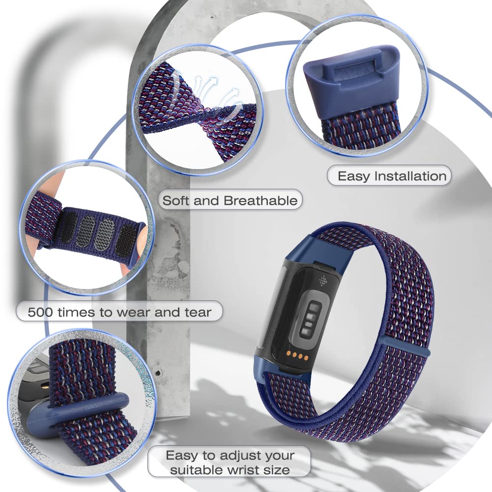 Sport Loop Nylon Watch Bands Compatible with Fitbit Charge 6/5, Adjustable Breathable Replacement Soft Nylon Loop Wristband for Women/Men