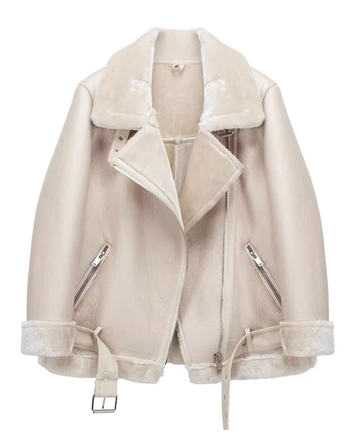 LY VAREY LIN Women's Faux Shearing Moto Jacket Thick Lined Parka Winter Shearling Coat Leather Jacket