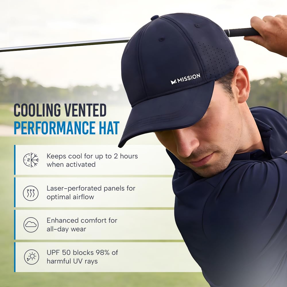 MISSION Cooling Vented Performance Hat Unisex Cap for Workouts, Golf & Running, Sweat & Water Activated Technology