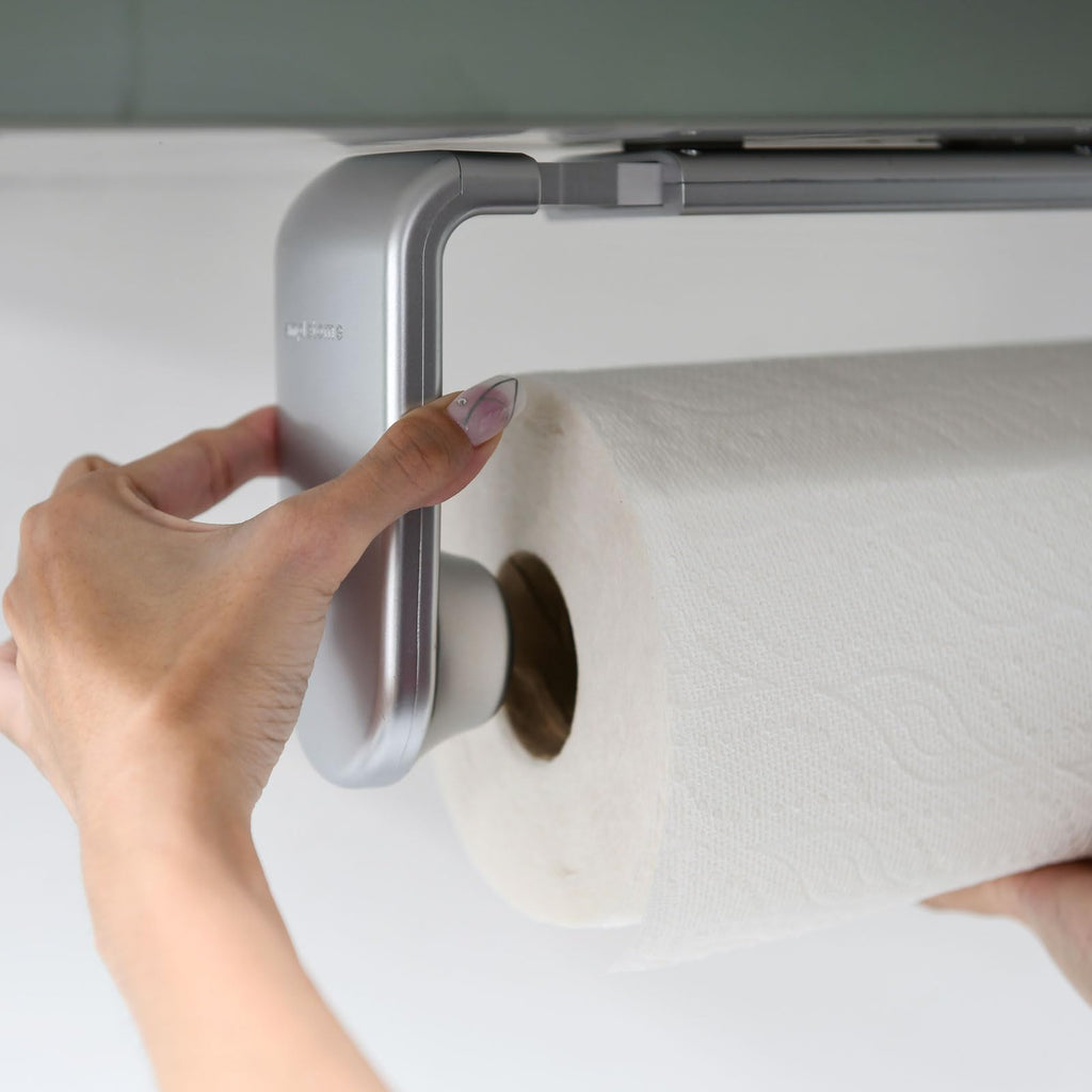 simpletome Paper Towel Holder ONE Hand Tear Adaptive Tension Arm Adjustable Length 9.4-11inch/24-28cm (Black) | adaptive adjustable tension arm | tear one/more sheets at one time | adhesive or drilling | abs plastic | easy to replace