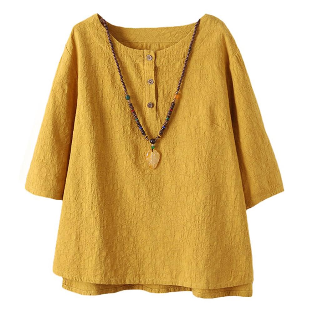 Minibee Women's 3/4 Sleeve Cotton Linen Jacquard Blouses Top T-Shirt