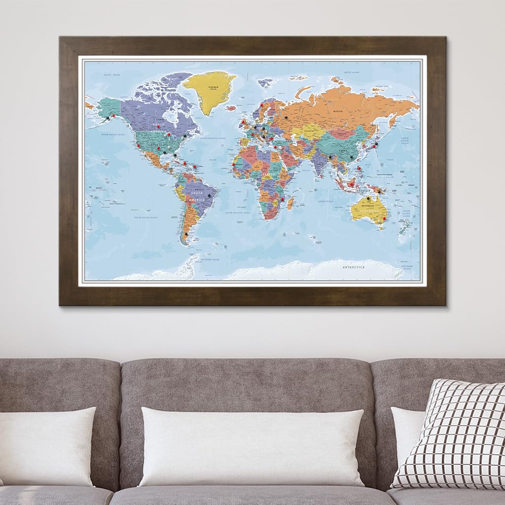 Personalized Canvas Rolled Poster World Map Wall Art with Pins – Large 24" x 36" Blue Oceans Map of the World – Push Pin Travel Decor for Home or Office
