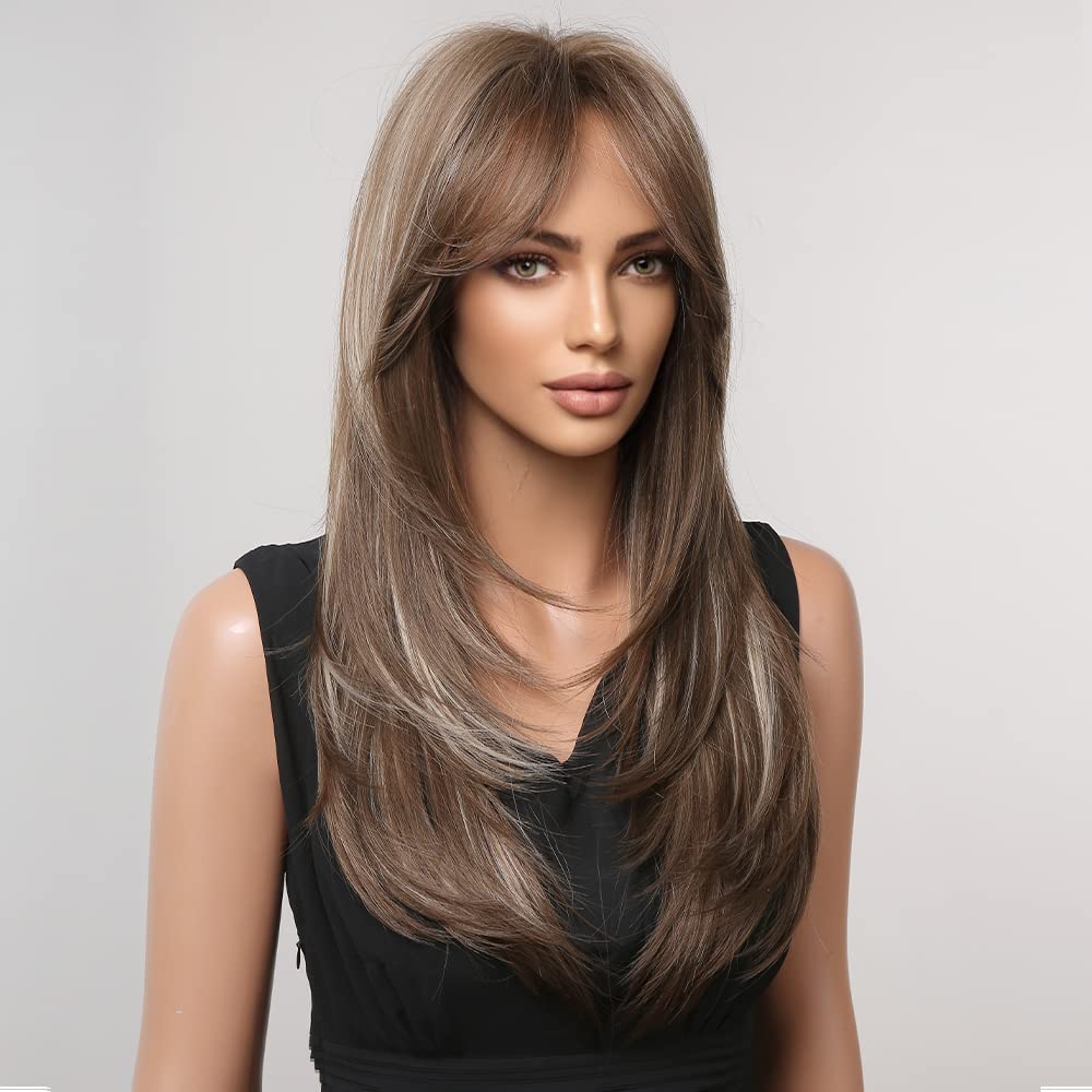 HAIRCUBE Auburn Wigs for Women,Long Layered Orange Wigs with Bangs Heat Resistant Synthetic Fibre Wigs(pelucas de cabello natural)