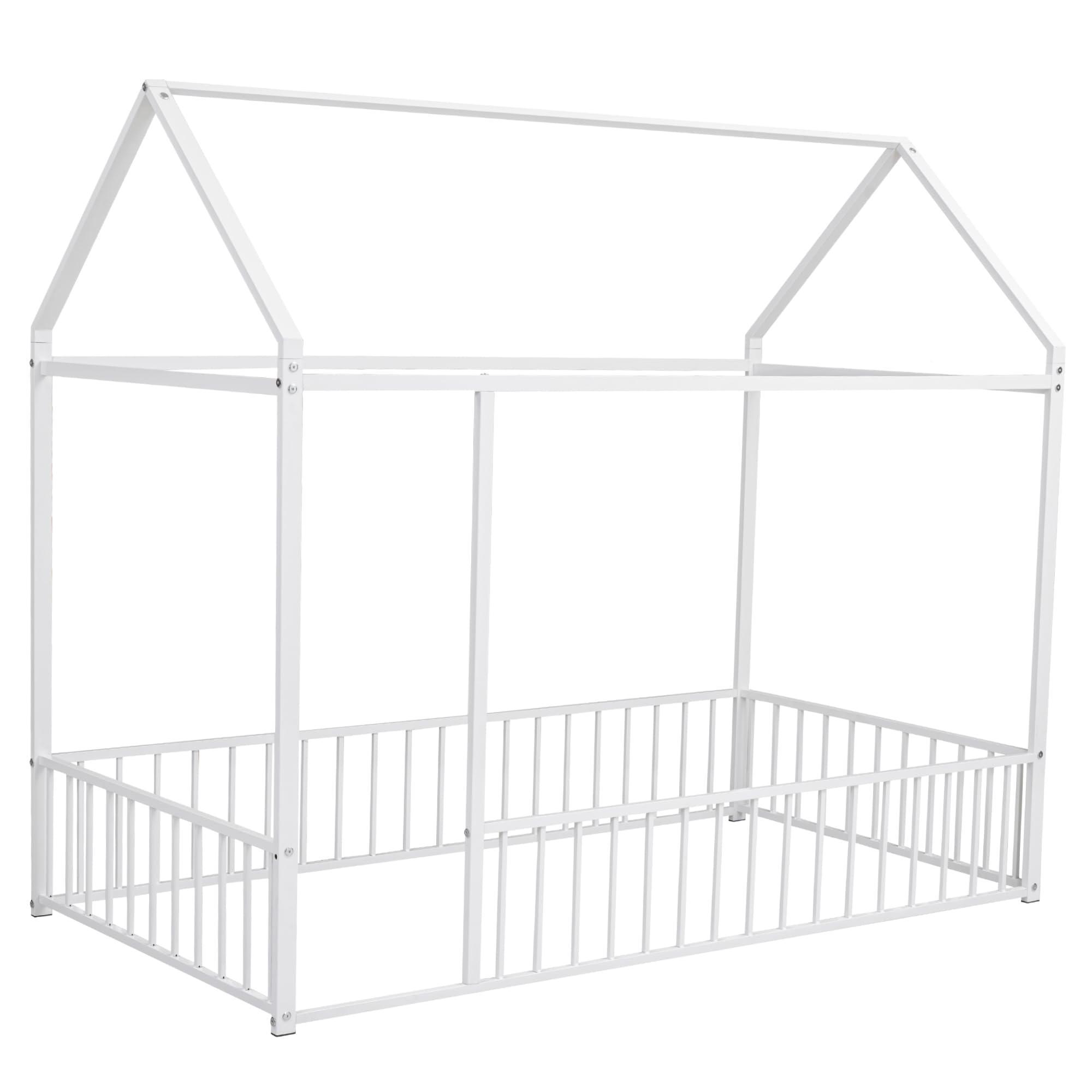 Bellemave Twin Size Montessori Floor Bed, Metal House Bed Framefor Kids, Montessori Floor Beds with Fence, Playhouse for Kids,Black