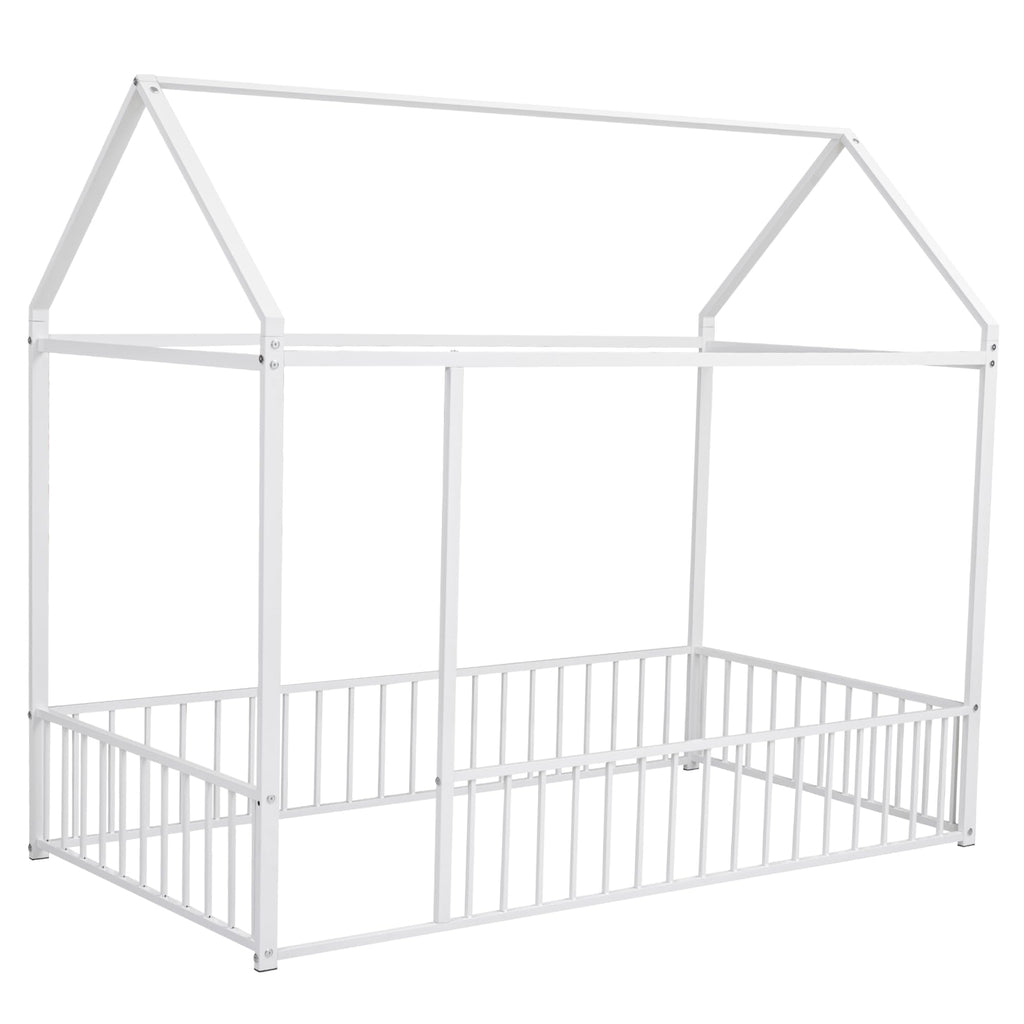 Bellemave Twin Size Montessori Floor Bed, Metal House Bed Framefor Kids, Montessori Floor Beds with Fence, Playhouse for Kids,Black
