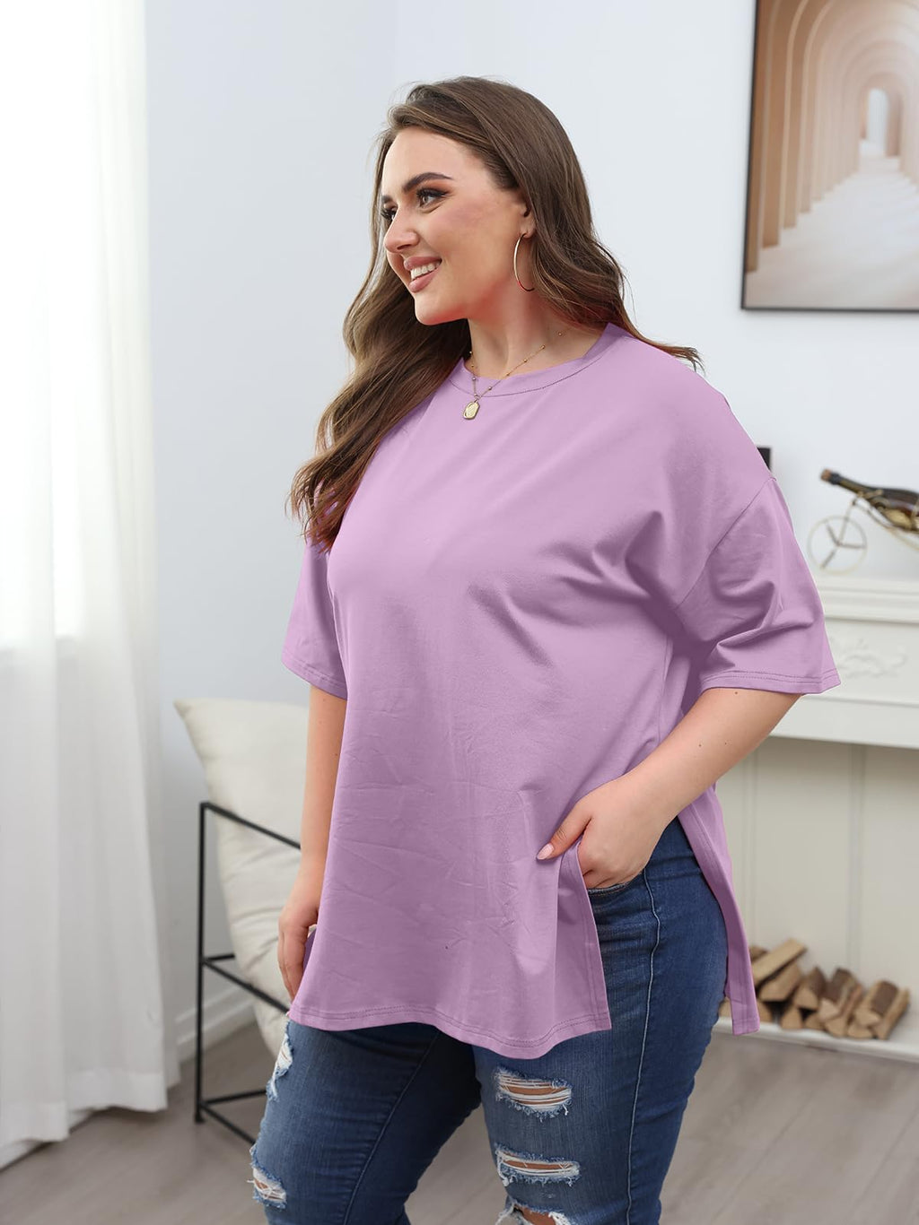 VNIRA Plus Size T Shirt for Women Oversized Cotton Short Sleeve Workout Top Loose Fit Side Split Casual Basic Tunic Top