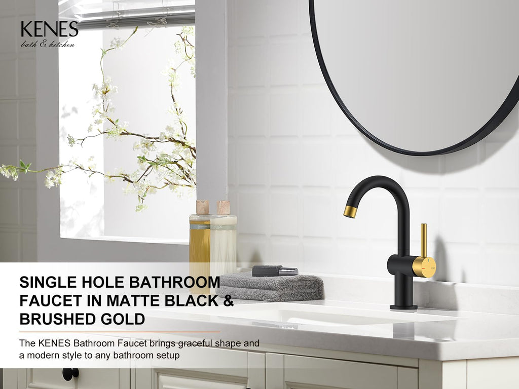 KENES Black and Gold Single Handle Bathroom Sink Faucet, Modern Prep Wet Bar Sink Faucet with Drain Assembly & Deck Plate, Vanity Faucets for Farmhouse RV Camper Utility, KE-9005B-BG
