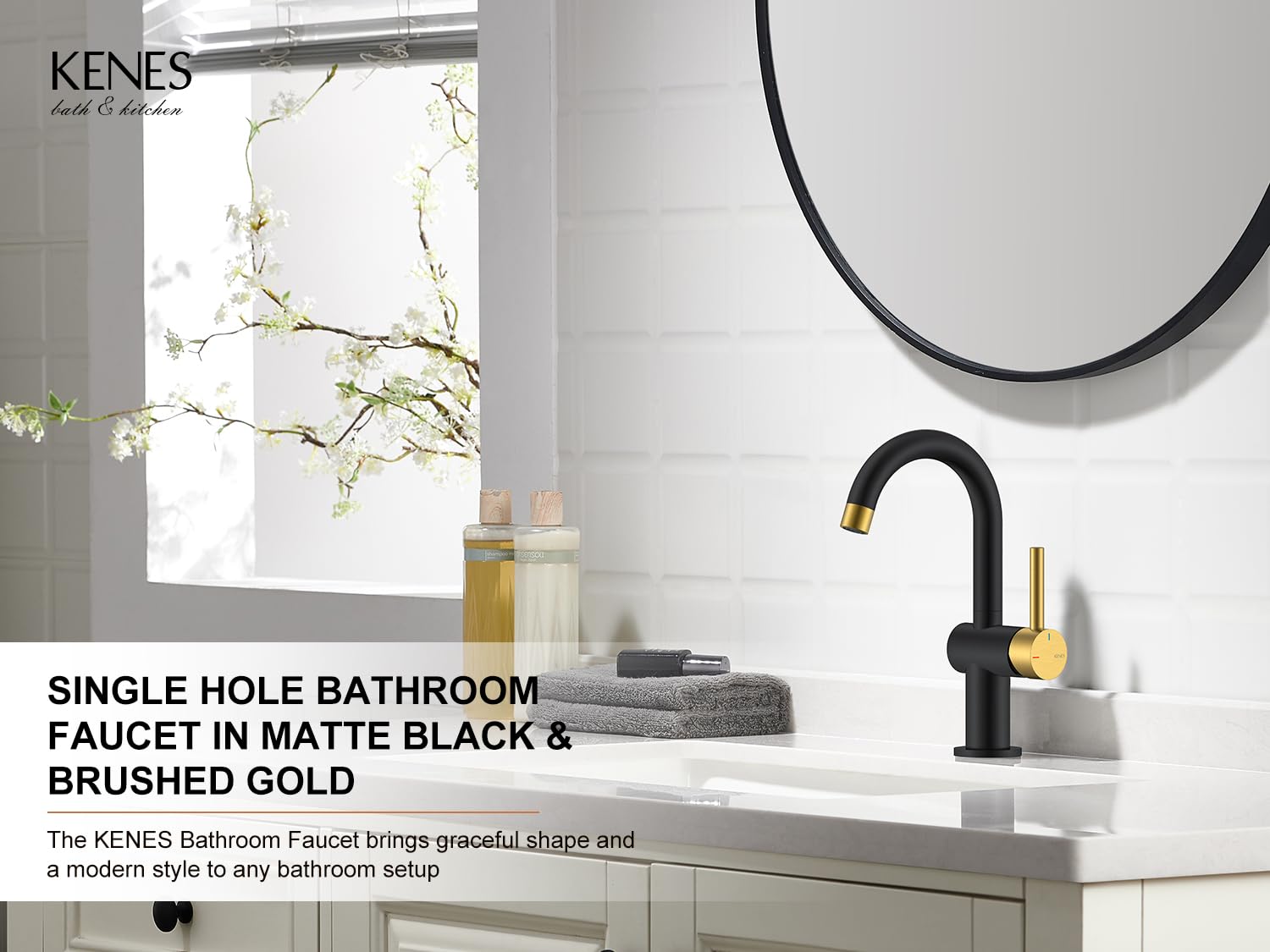 KENES Black and Gold Single Handle Bathroom Sink Faucet, Modern Prep Wet Bar Sink Faucet with Drain Assembly & Deck Plate, Vanity Faucets for Farmhouse RV Camper Utility, KE-9005B-BG