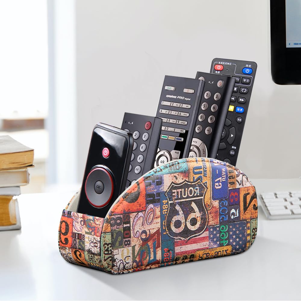 YAPISHI All-in-One Leather Brown TV Remote Holder with 5 Compartments Nightstand Desktop Media Player Remote Caddy Storage Box Organizer Tray for Mobile Office Phone Controller