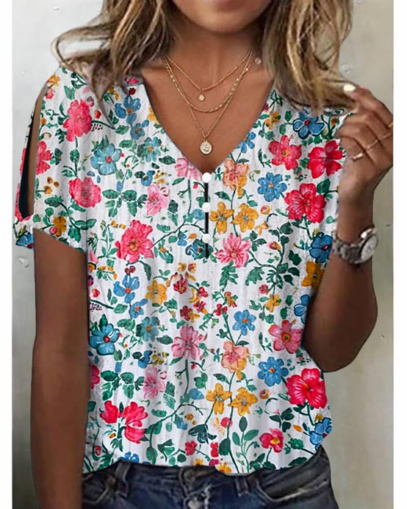 HOTYD Women's Boho Floral Print Ladies Short Sleeve Tops Summer Blouses Dressy Casual V Neck Cold Shoulder Tunic Tops