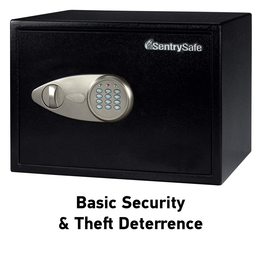SentrySafe Medium Safe with Digital Keypad, Lock Box with Code has Interior Lining and Bolt Down Kit that Secures Pistol, Money, 0.41 Cubic Feet, 7.6 x 11.4 x 10.4 Inches, X041E