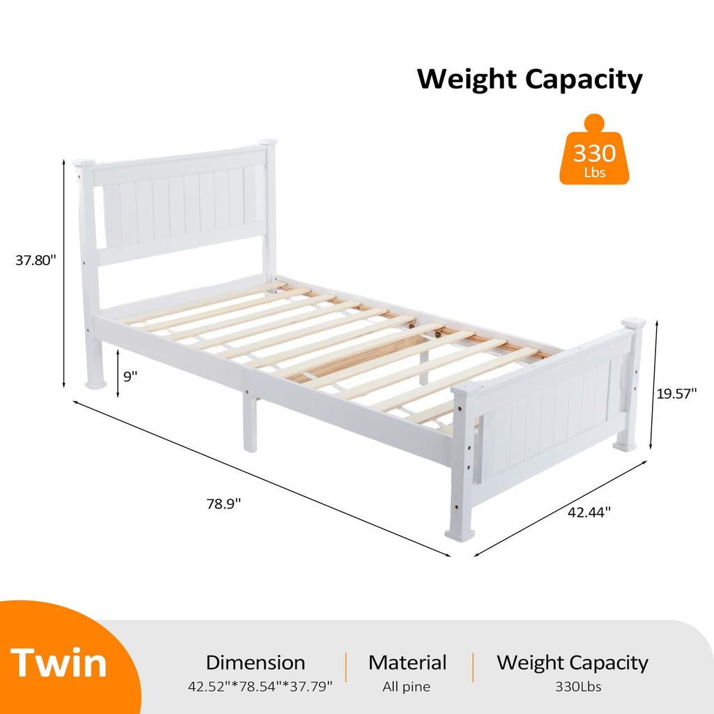 Bonnlo Twin Size Solid Wood Platform Bed Frame, Single Bed with Headboard, No Box Spring Needed Panel Bed, Wood Slat Support Mattress Foundation, White
