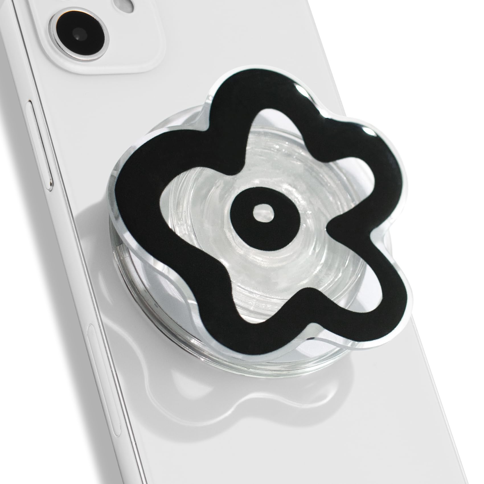 OnTheGrip Cute Transparent Daisy Flower Shape Design Mobile Phone Grip Multi Functional Collapsible Stand Holder for Smartphone Tablet Cell Phone Accessory (Black)