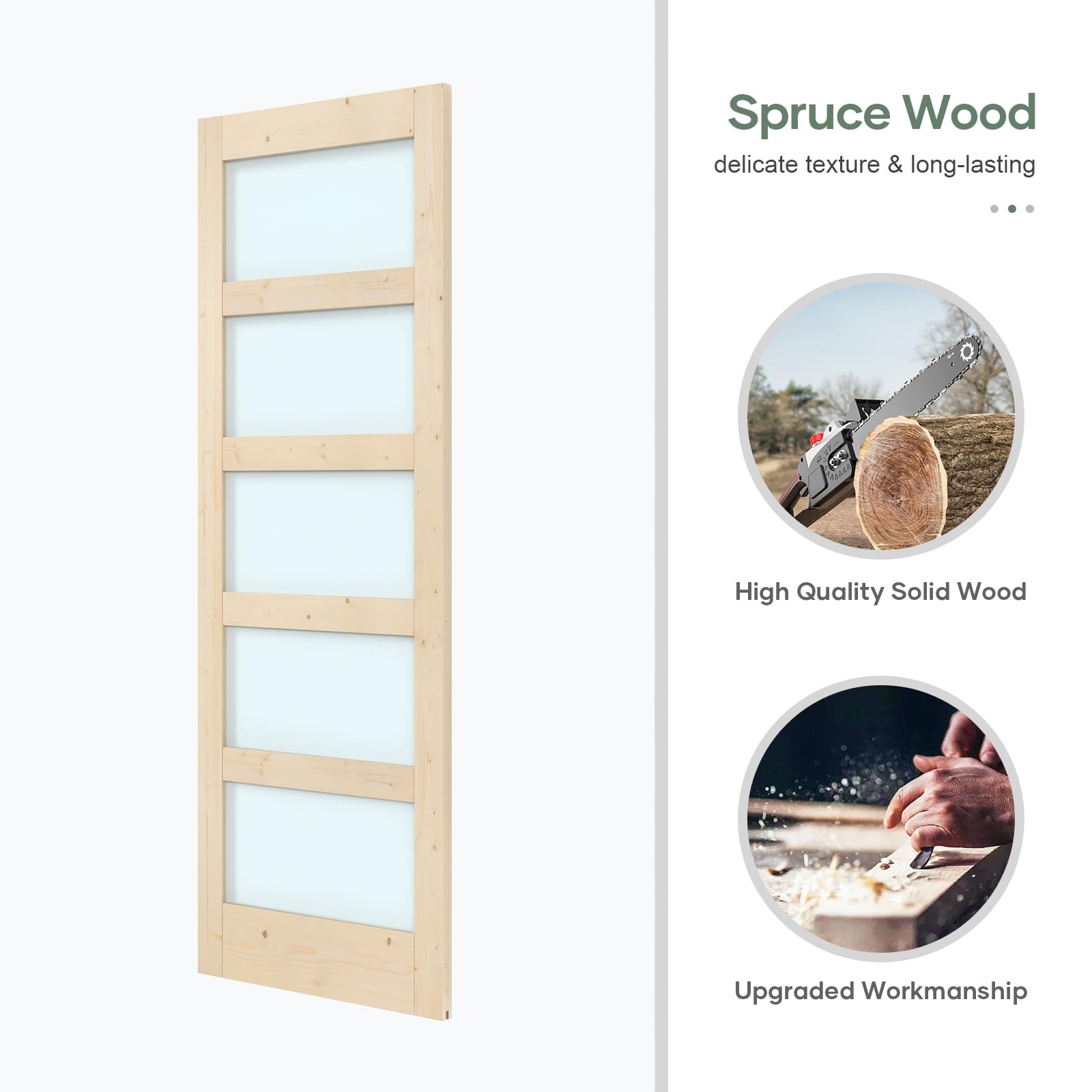 Double 18×84 inch Glass Sliding Barn Door Slab with 6.6ft Hardware Kit Included, 5-Panel Frosted Glass, Spruce Wood Support DIY Dyeing, Easy Assembly