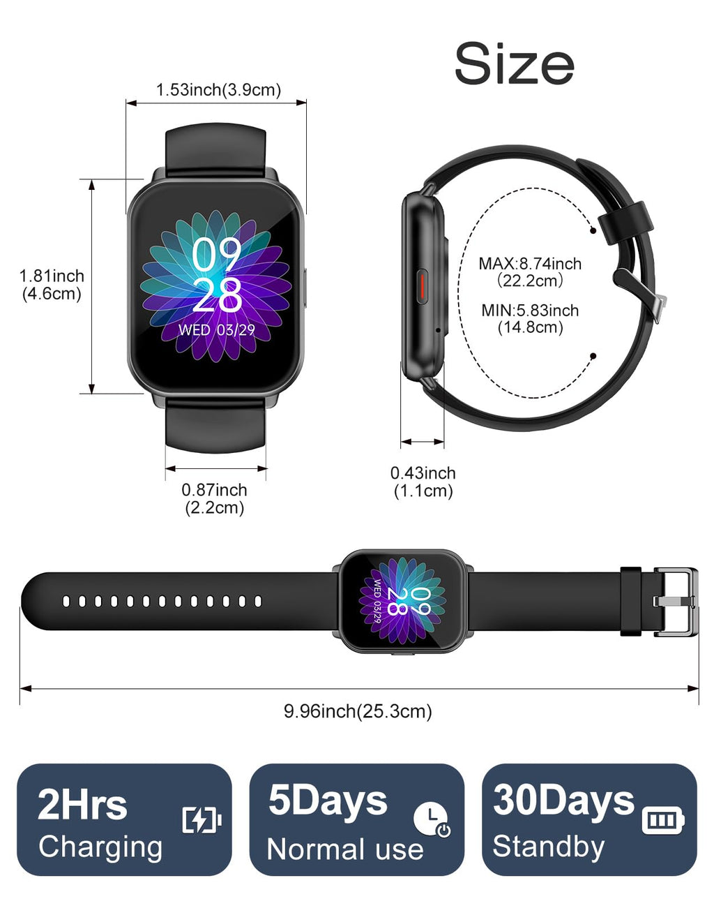 Smart Watches for Women Men (Answer/Make Calls, 3 Bands), 1.85" Fitness Tracker Watch for iPhone/Android Phones with Heart Rate Monitor Sleep/Steps Tracker 100+ Sports Pedometer Waterproof (Black)