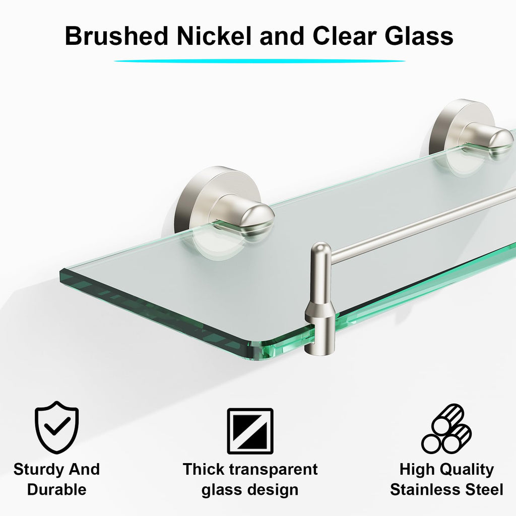 Glass Bathroom Shelves,Brushed Gold Floating Shelves for Wall Rectangular Modern Stainless Steel Glass Shelf for Bathroom Shelves wall Mounted 16 Inch