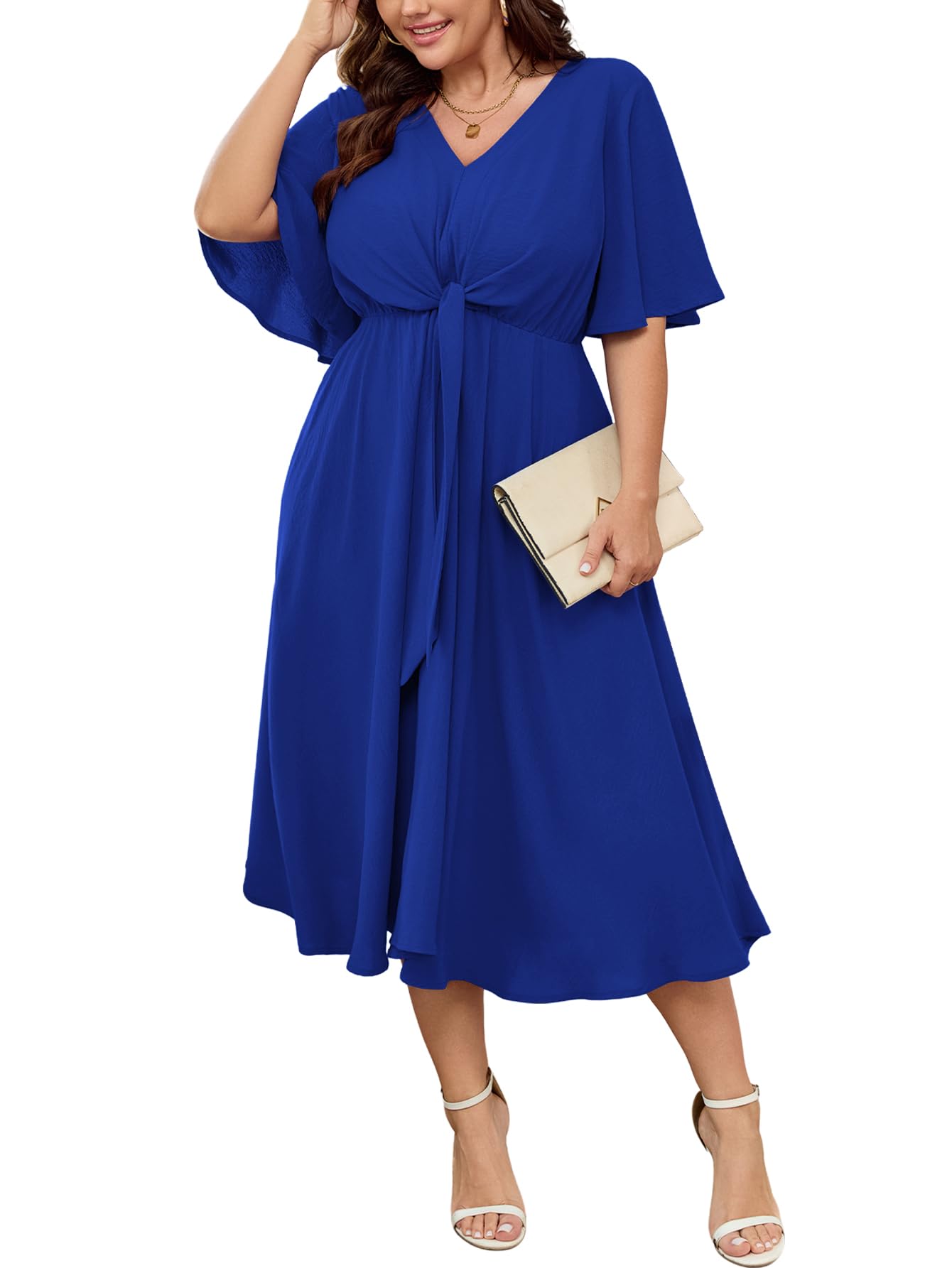 SCOMCHIC Women Plus Size Midi Dresses Wedding Guest Short Sleeve V Neck Tie Waist Casual Summer Flowy A Line Dress