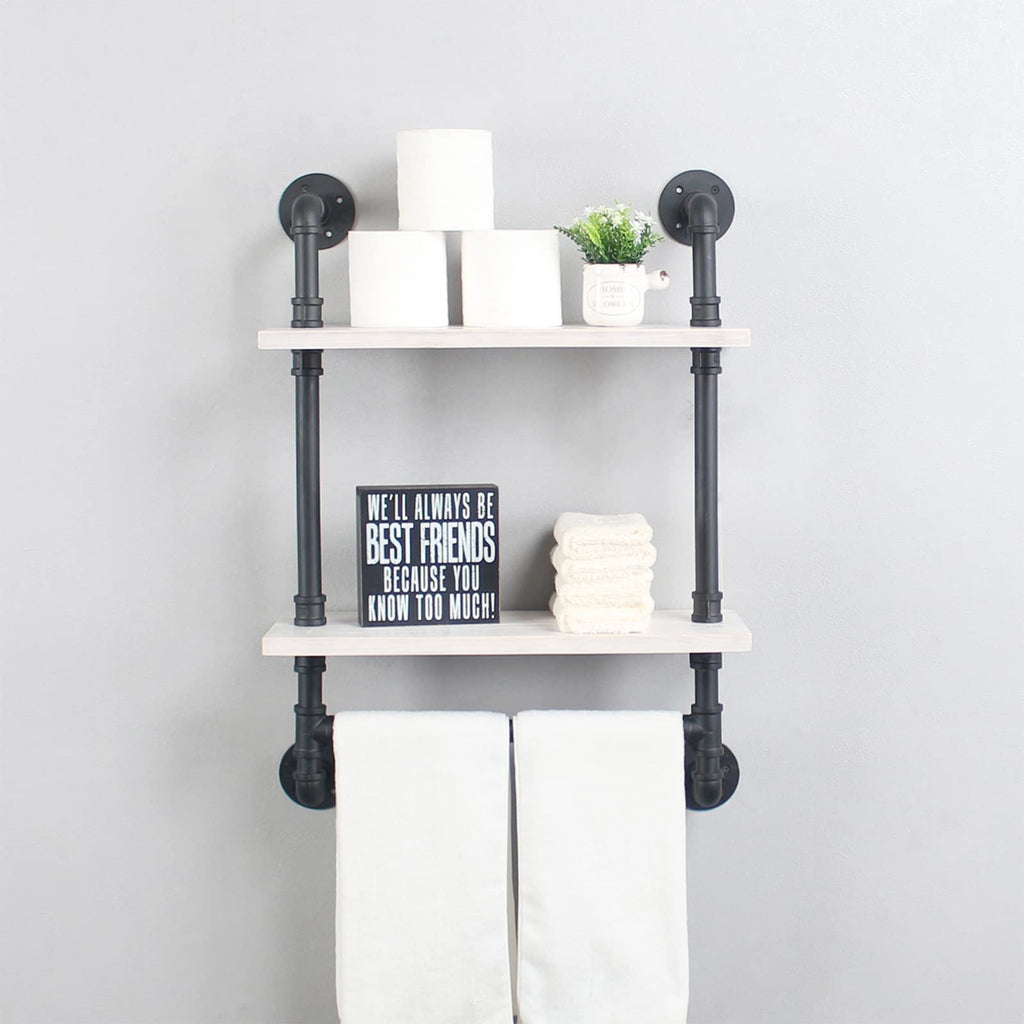 MBQQ Industrial Pipe Shelf Bathroom Shelves Wall Mounted,19.6in Rustic Wood Shelf with Towel Bar,1 Tier Farmhouse Towel Rack,Pipe Shelving Floating Shelves Towel Holder,Black & White