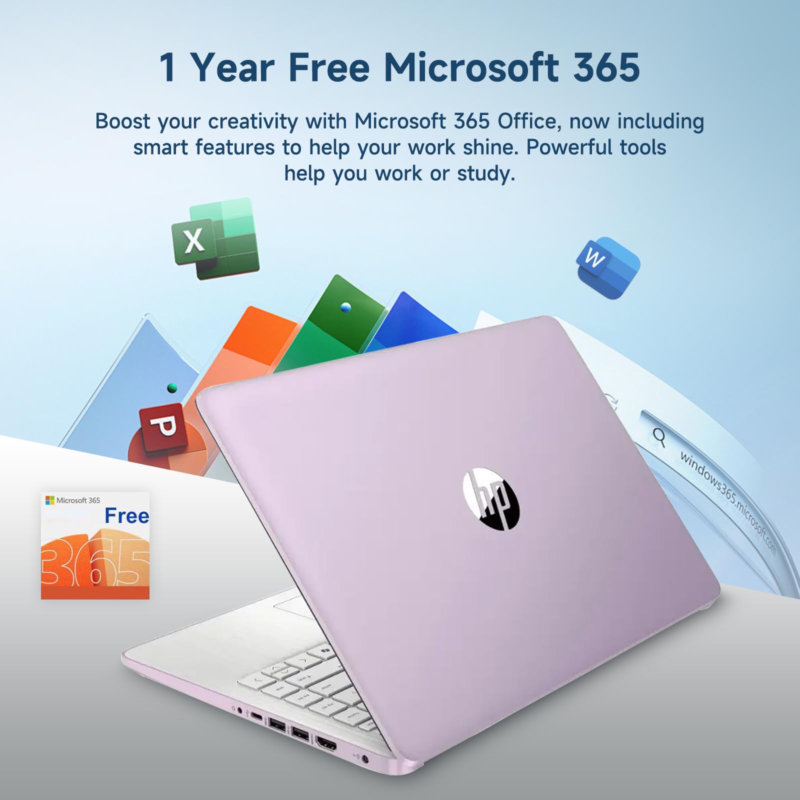 HP 14 Laptop, Quad-Core (Beat i3) 16GB RAM 256GB Storage(128GB UFS + 128GB SD Card) 1-Year Office 365 Copilot AI Computer for Student Study Back to School Win11 w/GM Accessory