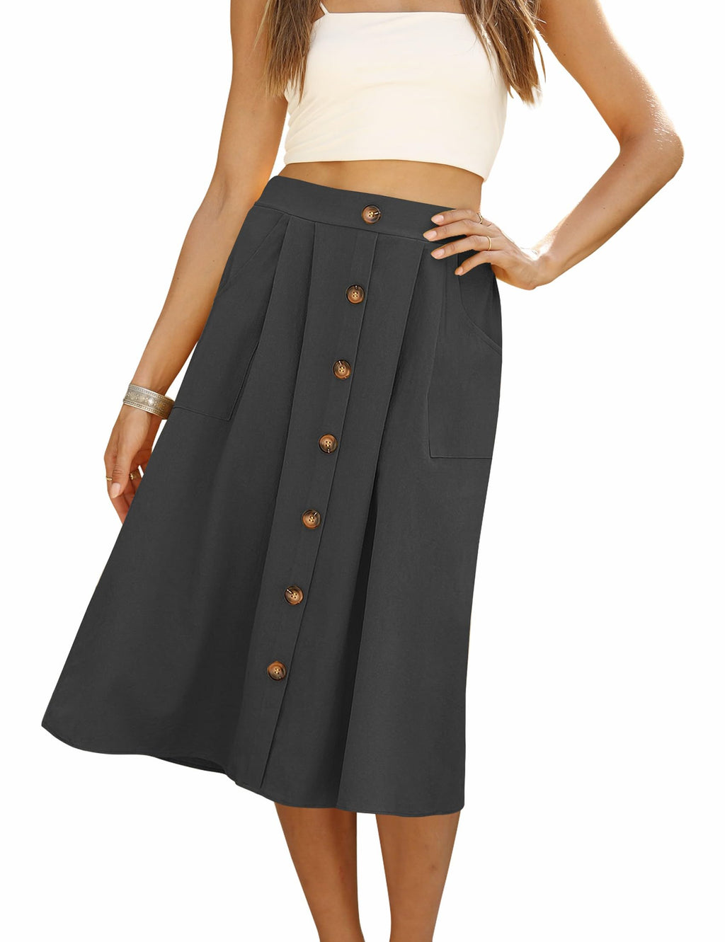Naggoo Womens Summer Skirts Casual Front Button A-Line High Waisted Midi Skirt with Pockets