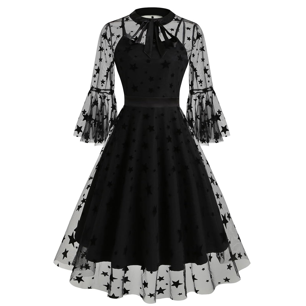 Women Mesh Floral Embroidery Vintage Cocktail Swing Dress Illusion 50s Goth Flared A line Casual Wedding Prom Evening Dress