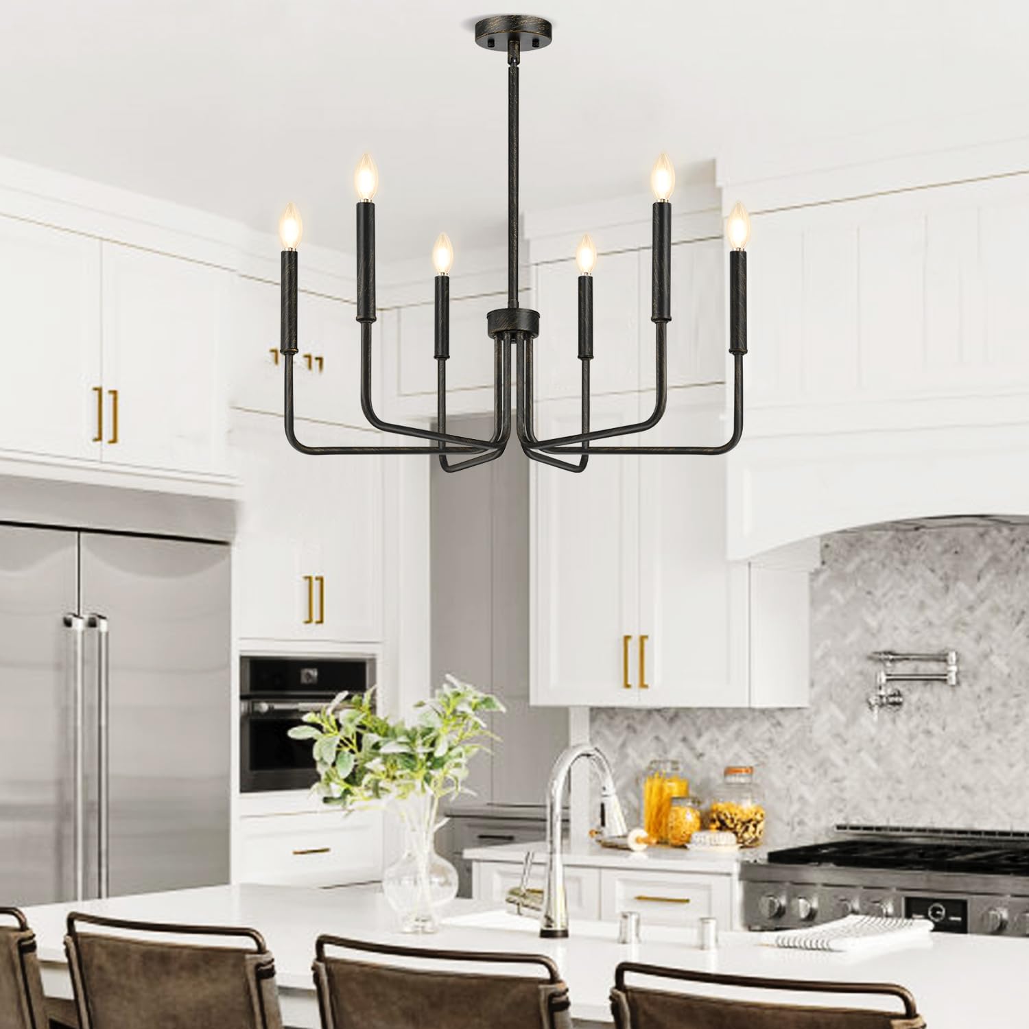 Rustic Black Chandelier, 6-Light Antique Farmhouse Chandelier for Dining Room Lighting Fixtures, Vintage Candle Pendant Light Fixtures Chandeliers for Dining Room Bedroom, Foyer and Living Room