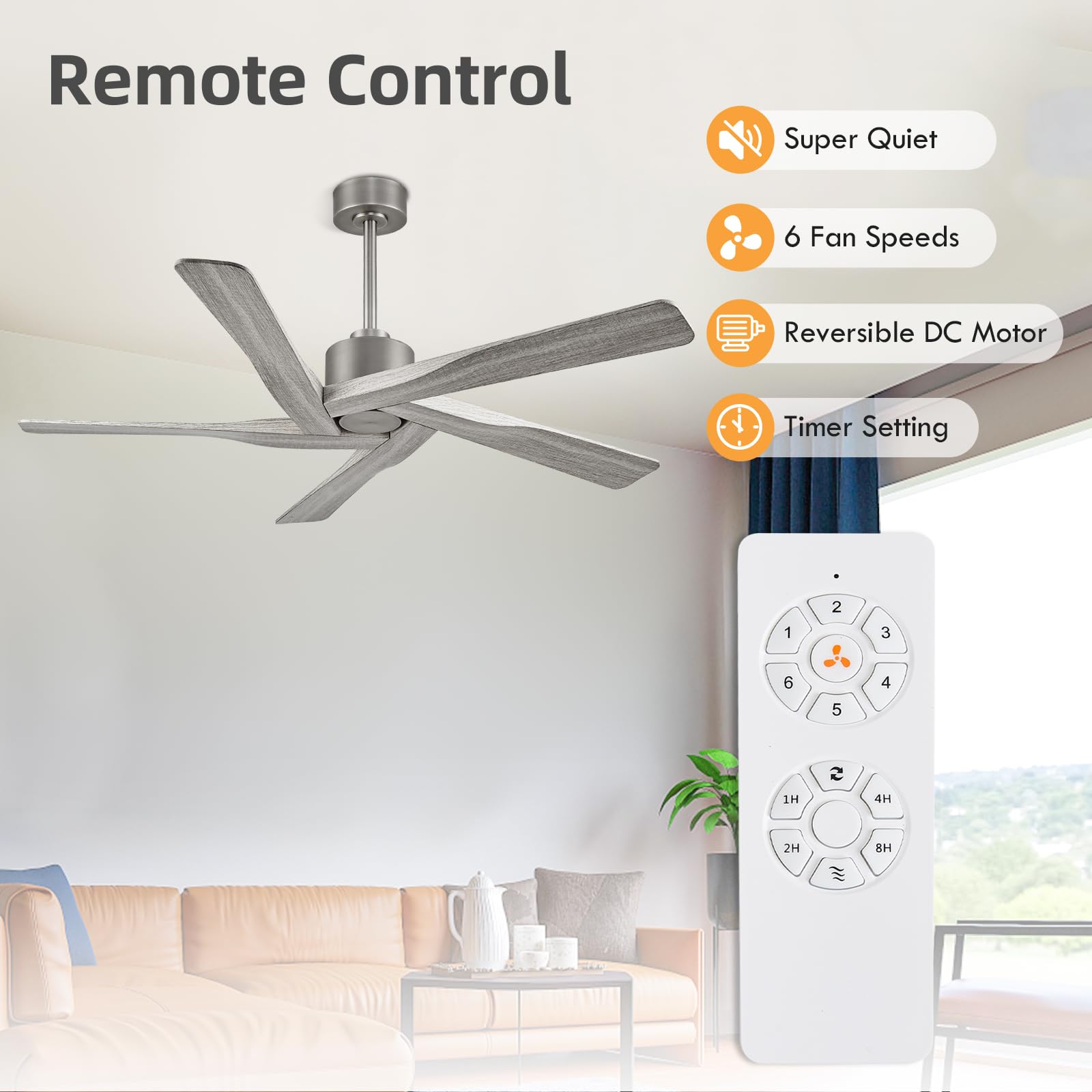 WINGBO 54" ABS DC Ceiling Fan No Light, 5 Blade Wood Grain ABS Ceiling Fan with Remote, 6-Speed Reversible DC Motor, Ceiling Fans without Light for Kitchen Bedroom Living Room, Antique Nickel and Grey