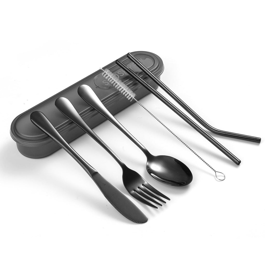 SAOSHYPEI 4-Piece Portable Utensils Set with Travel Case, Reusable Food-Grade Stainless Steel Silverware (Knife, Fork, Spoon), Dishwasher Safe Flatware for Camping, Work Lunch & Picnic, Black