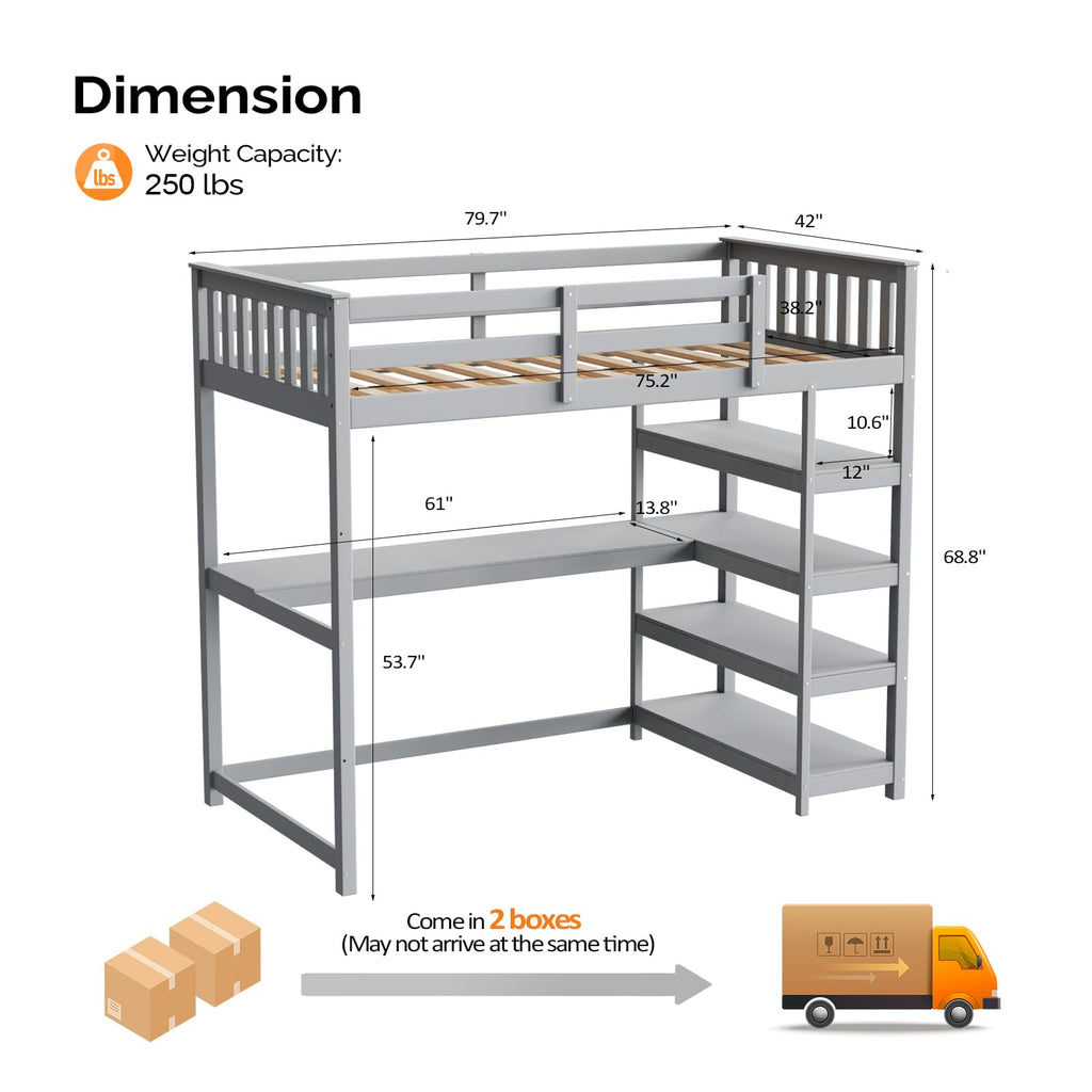 JOYMOR Low Loft Bed Twin Size with LED Lights, 4 Storage Shelves, Removable Curtain, Kids Wood Loft Bed with 15" H Safety Guardrail, Spave Saving, Mattress Not Included (Gray)
