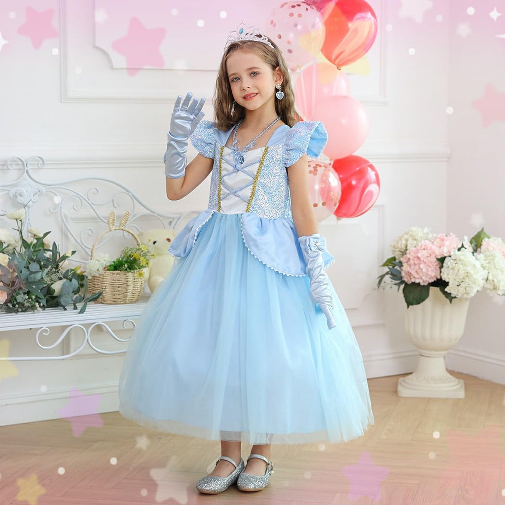 Blue Princess Dress for Little Girls with Accessories Halloween Birthday Party Costume