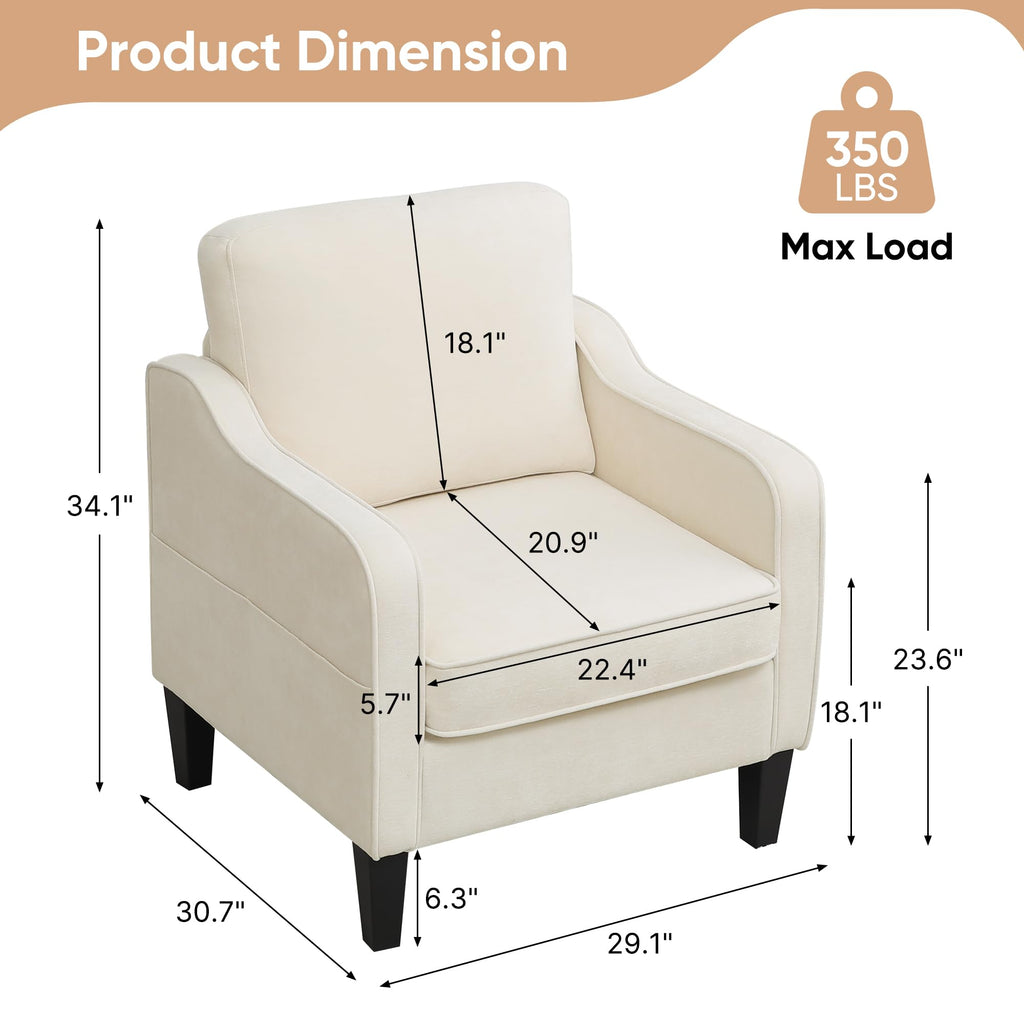 Accent Chair for Living Room, Mid Century Modern Reading Chair for Bedroom, Upholstered Armchair with Side Pockets, Comfy Single Sofa Side Chair for Office, Apartment, Small Room, Beige
