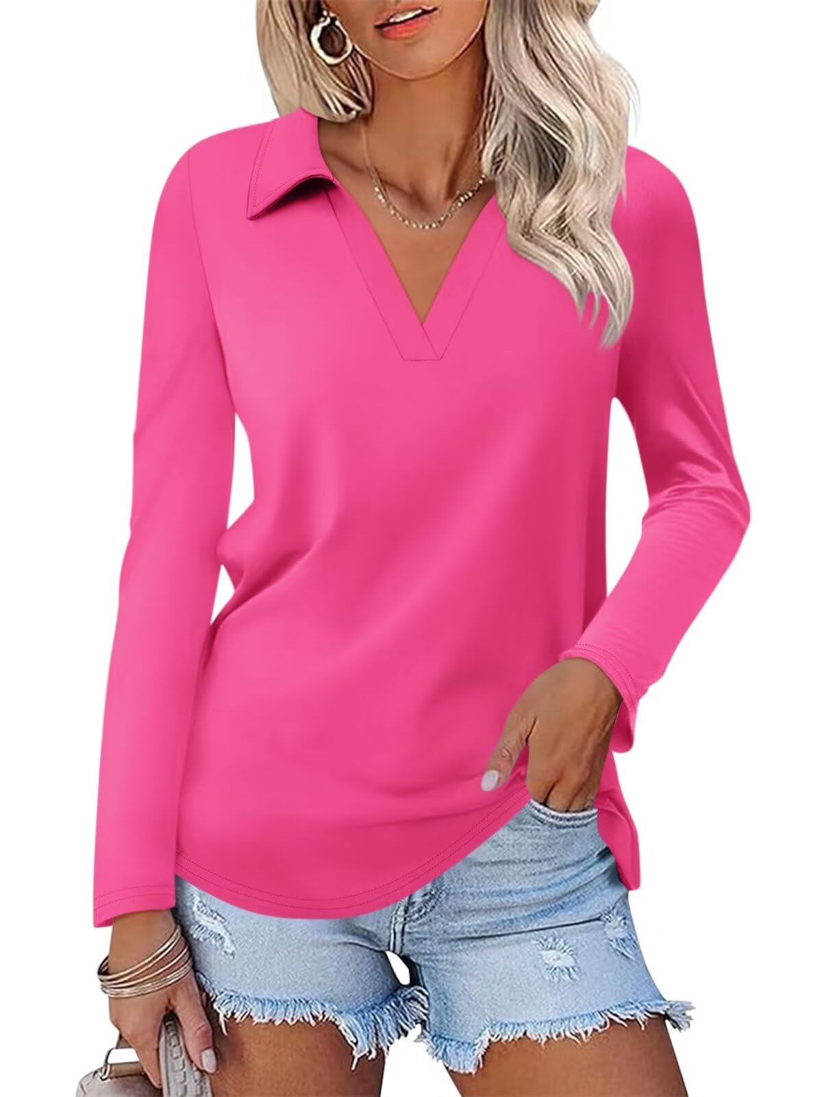 ORANDESIGNE Women's Long Sleeve Polo Shirts Casual Color Block V Neck Tops Fall Collar Ladies Tunics Tees