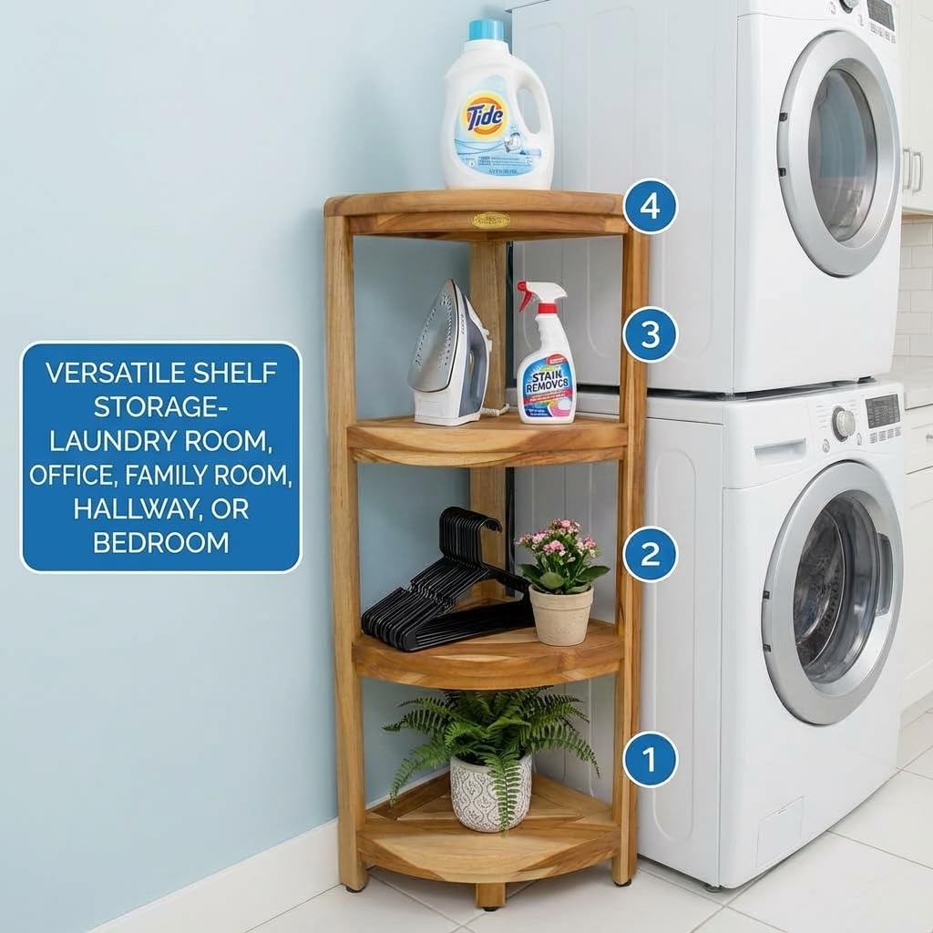 DecoTeak Teak Corner Shower Shelf – 2 Tier Waterproof Bathroom Storage Organizer Compact Wood Storage | Water-Resistant Design | Space Saver for Showers & Small Bathrooms | Shaving Foot Rest