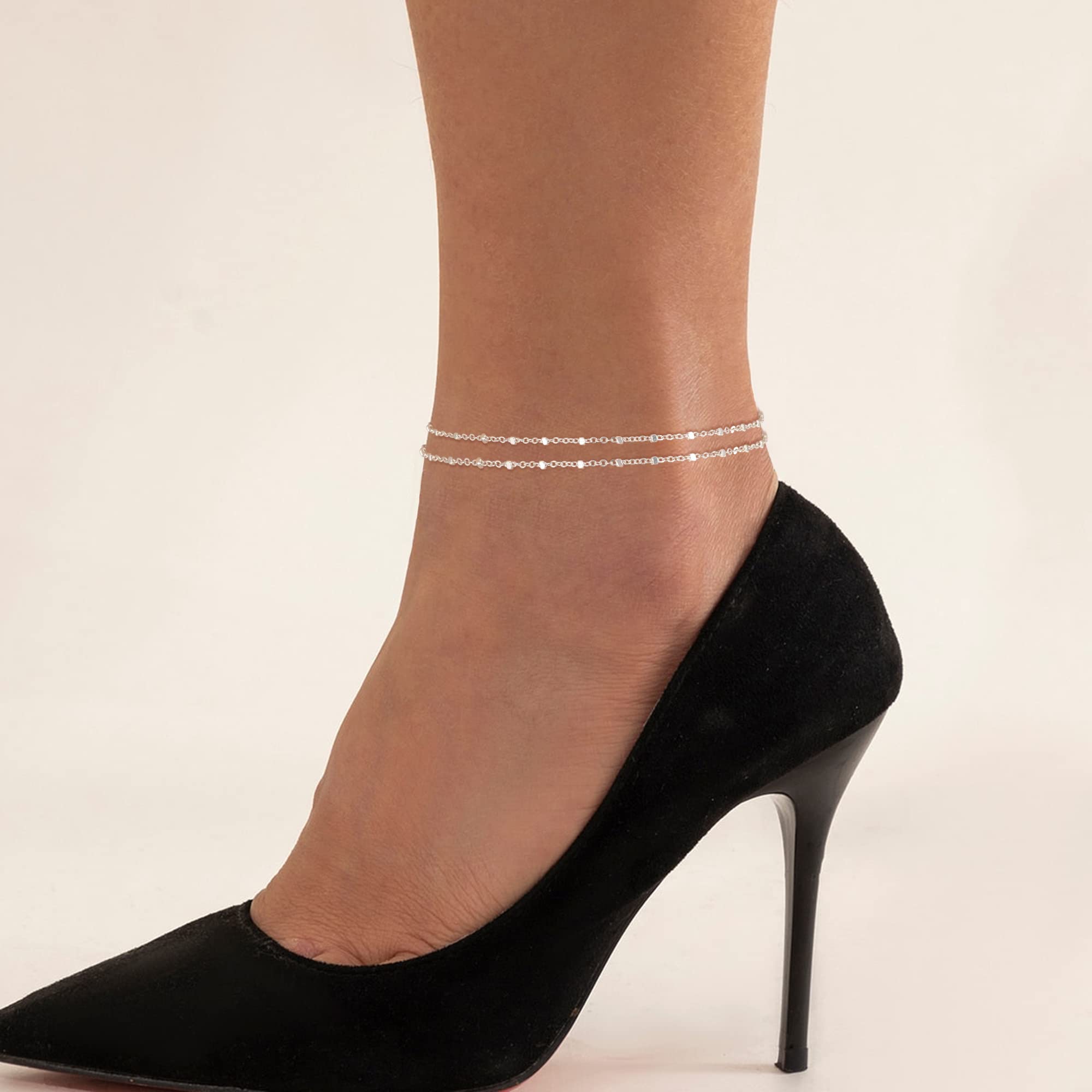 Freekiss Sterling Silver Ankle Bracelets for Women: Dainty Layered Waterproof Anklet for Women Adjustable Womens Anklet Set Stackable Figaro Beaded Cuban Link Anklets Beach Jewelry for Women