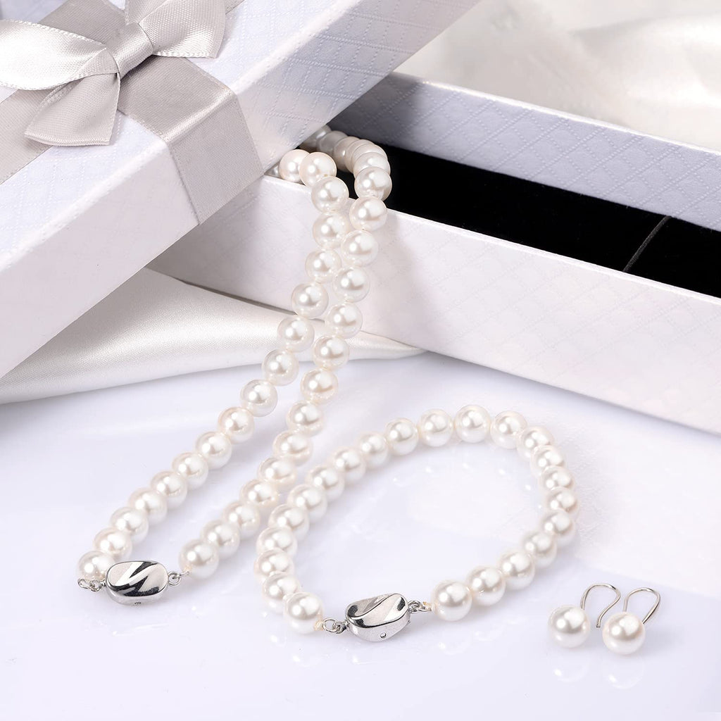 AOOVOO Pearl Necklace Set for Women, 8mm Round Shell Pearl Includes Stunning Bracelet and Dangle Earrings 3 Piece Jewelry, Birthday Christmas Gift for Mom Wife Sister Best Friend, Gift Box
