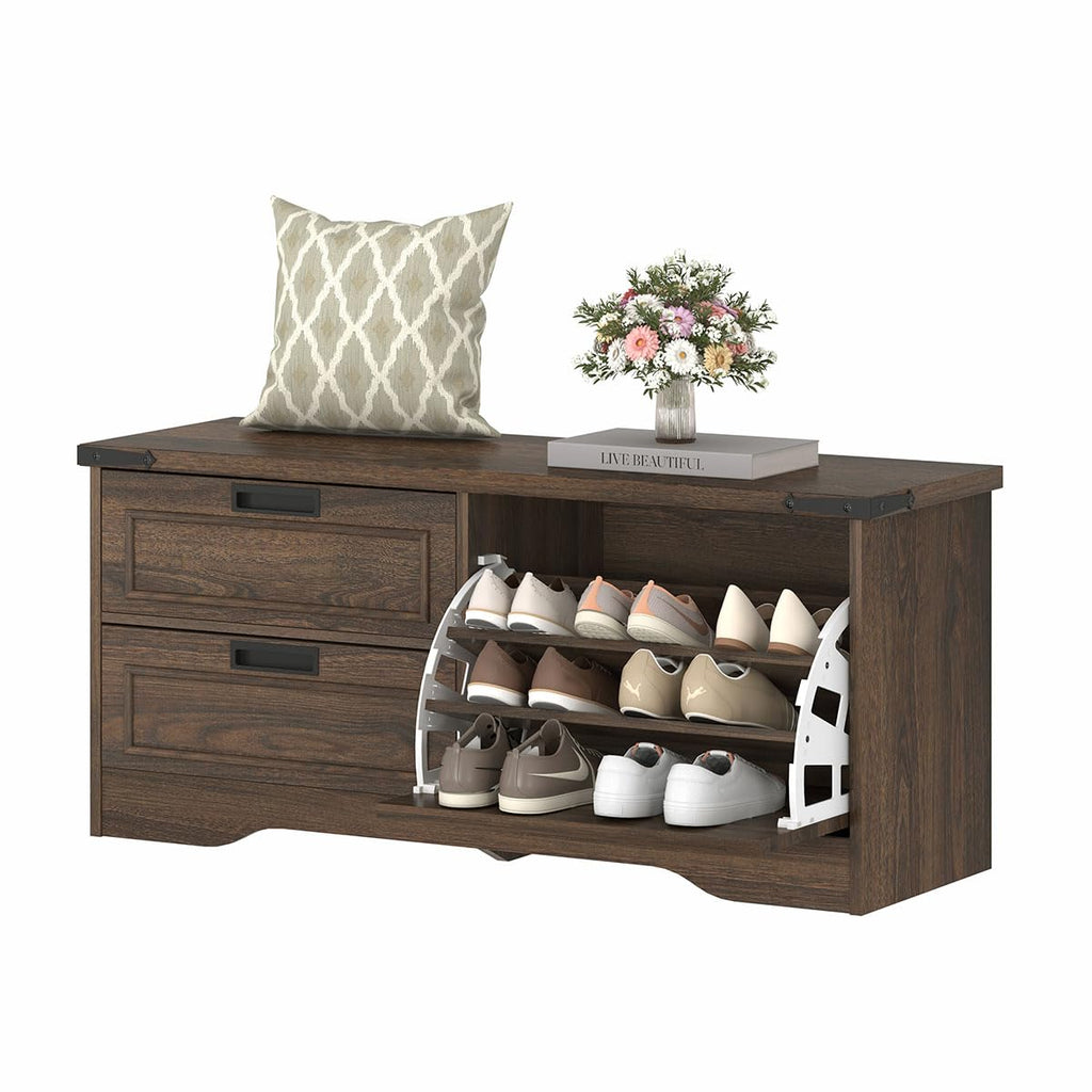 FATORRI Entryway Bench with Storage, 41 Inch Shoe Storage Bench, Industrial Wood Shoe Bench for Entry Way, Living Room, Bedroom and Mudroom (Black)