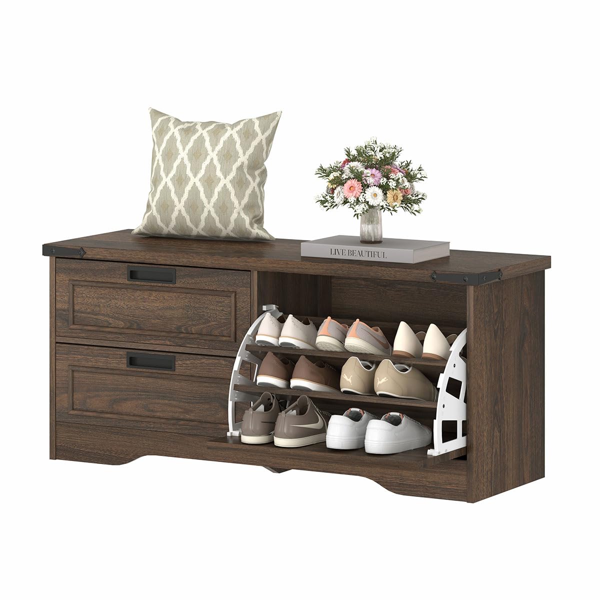 FATORRI Entryway Bench with Storage, 41 Inch Shoe Storage Bench, Industrial Wood Shoe Bench for Entry Way, Living Room, Bedroom and Mudroom (Black)